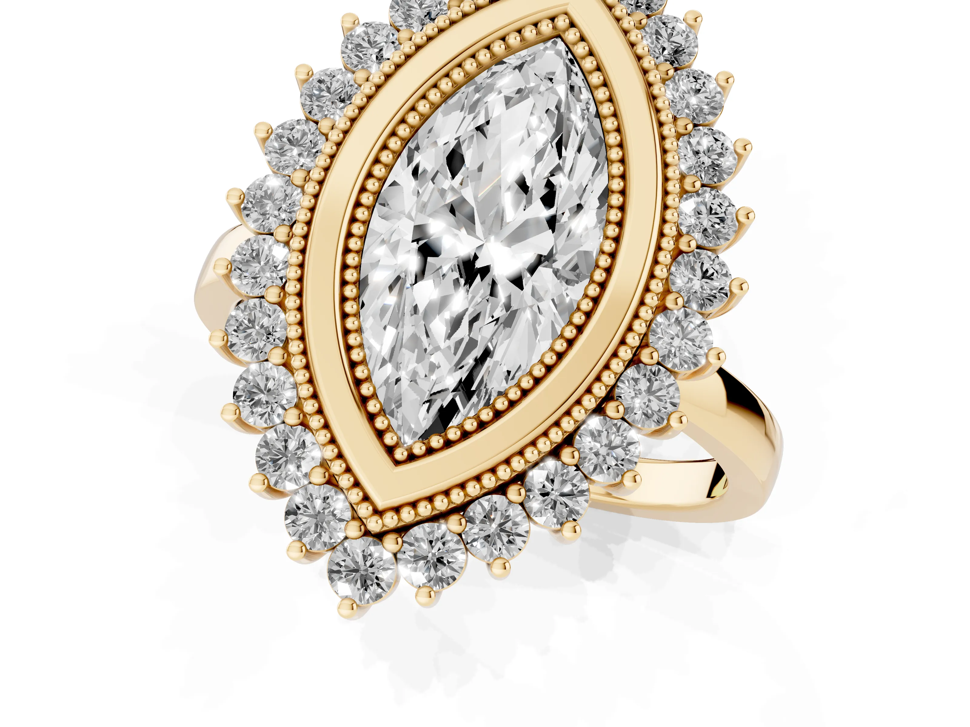 Marquise Cut Diamond Halo Ring Set in Yellow gold with Milgrain Edge and Round Prong Setting