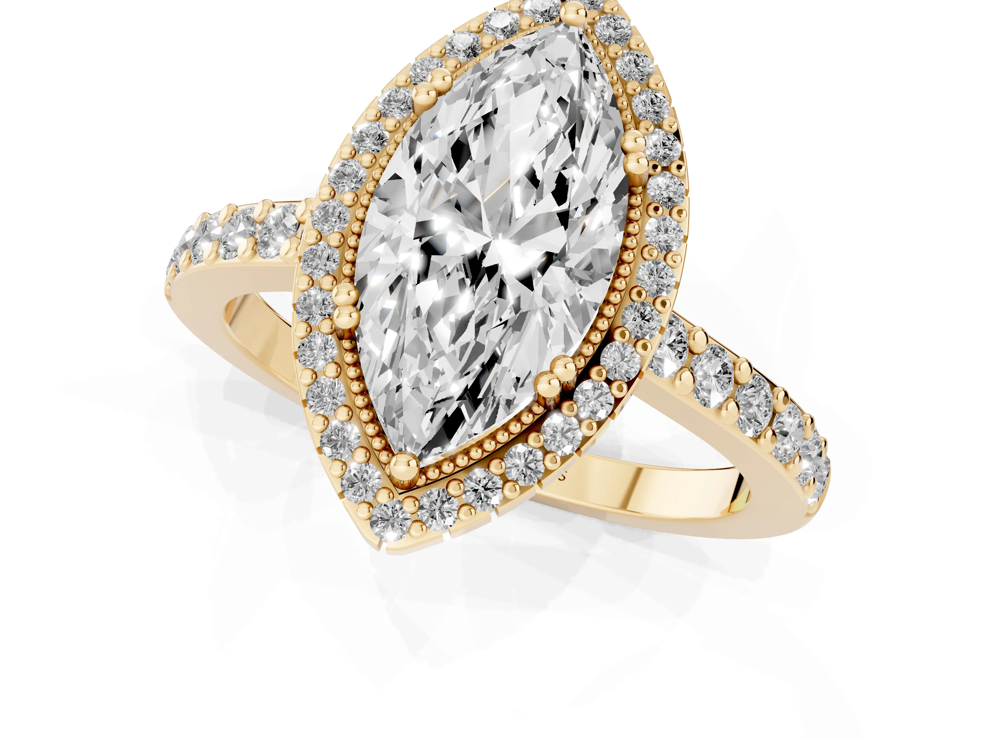 Marquise Cut Diamond Halo Engagement Ring Set in Yellow gold with Milgrain Detail and Pavé Band