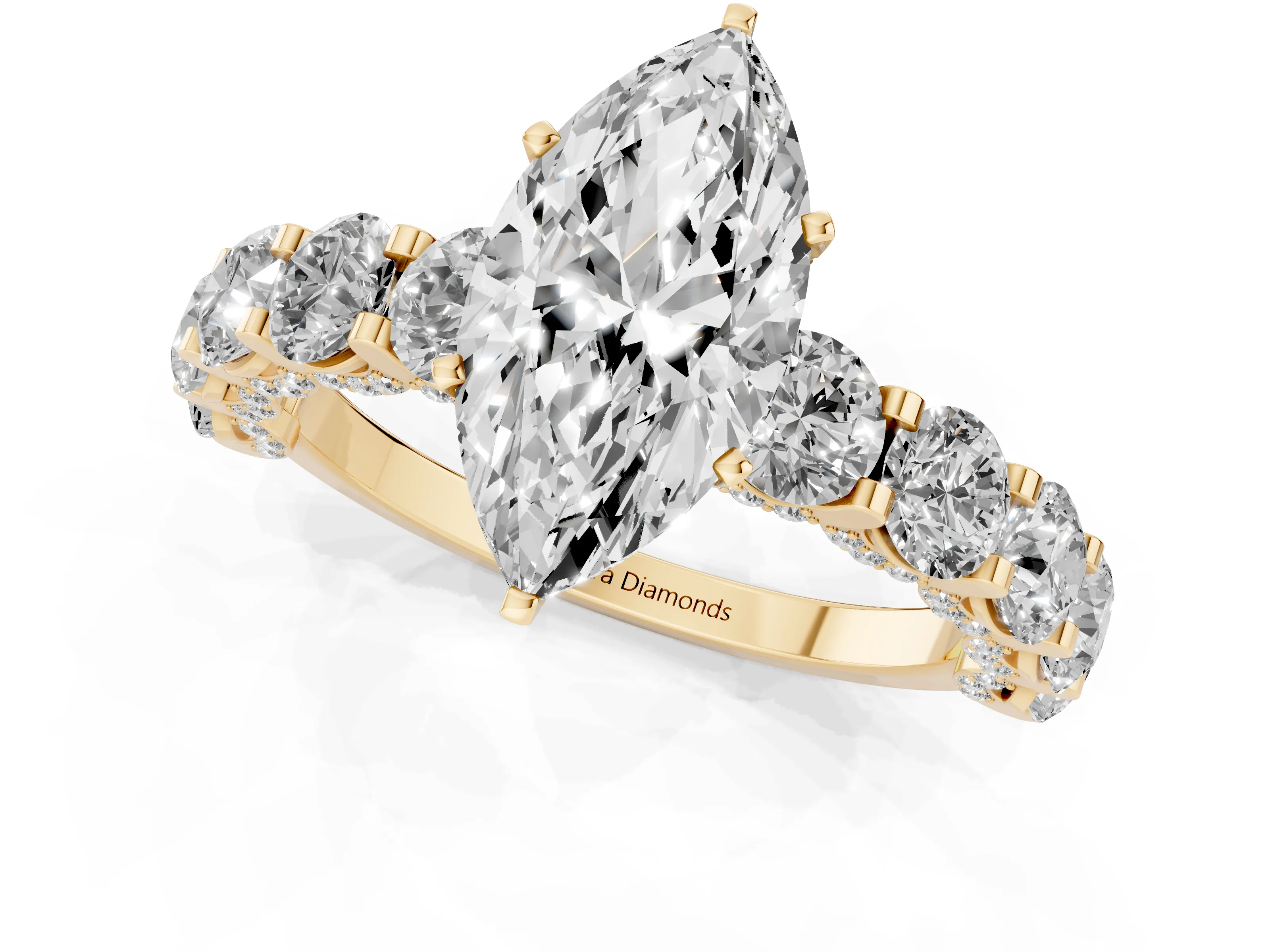 Marquise Cut Diamond Side Stone Ring Set in Yellow gold with Alternating Round and Oval Side Stones