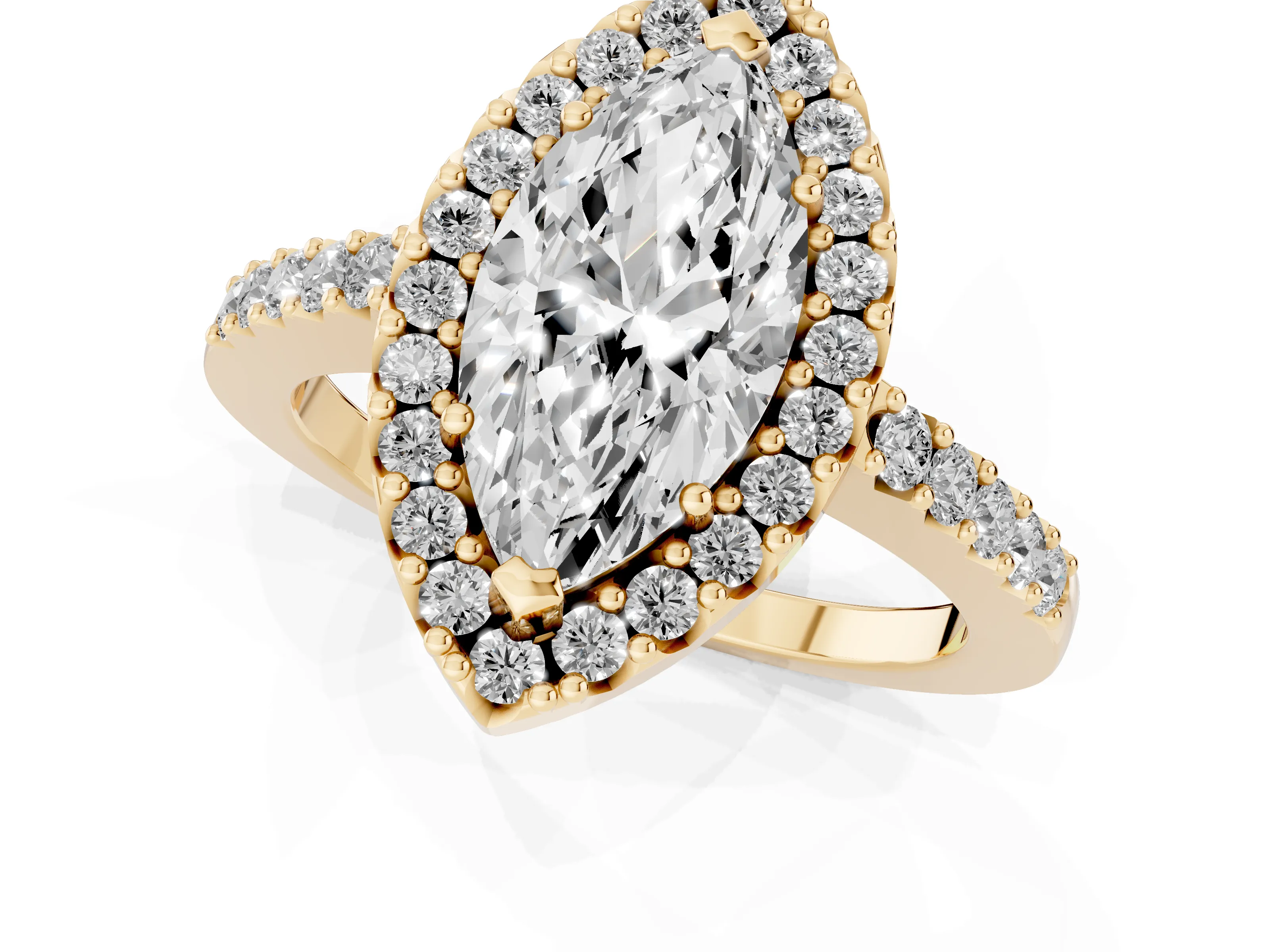 Marquise Cut Diamond Halo Pavé Solitaire Ring Set in Yellow gold with Prong-Set Center Stone
