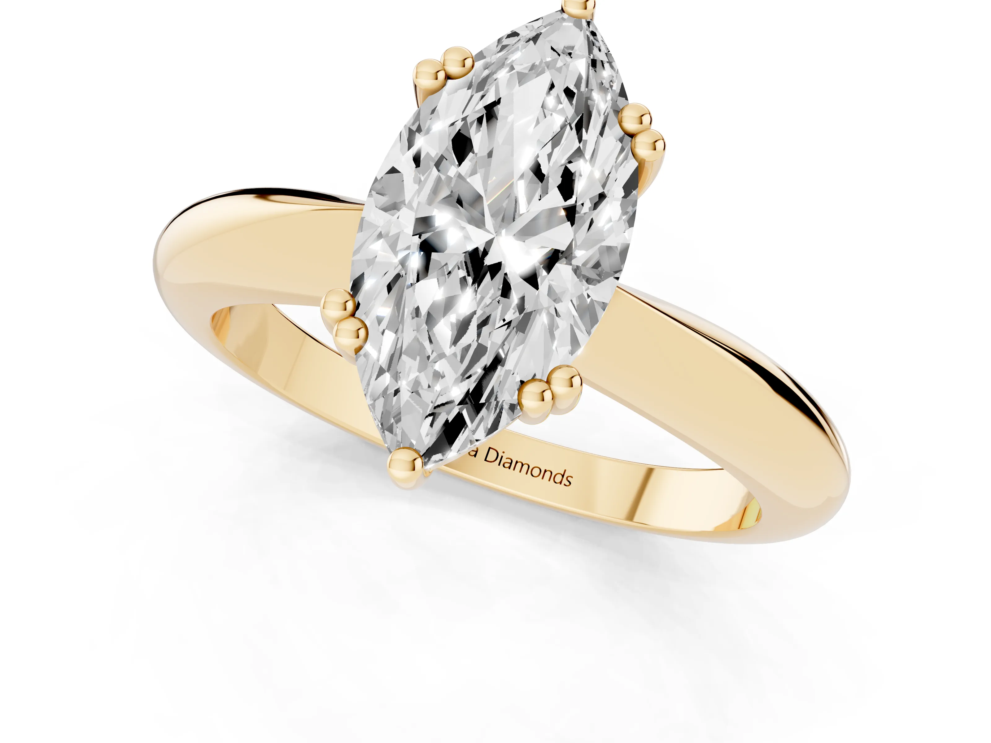 Marquise Cut Diamond Solitaire Engagement Ring Set in Yellow gold with Tapered Band and Prong Setting