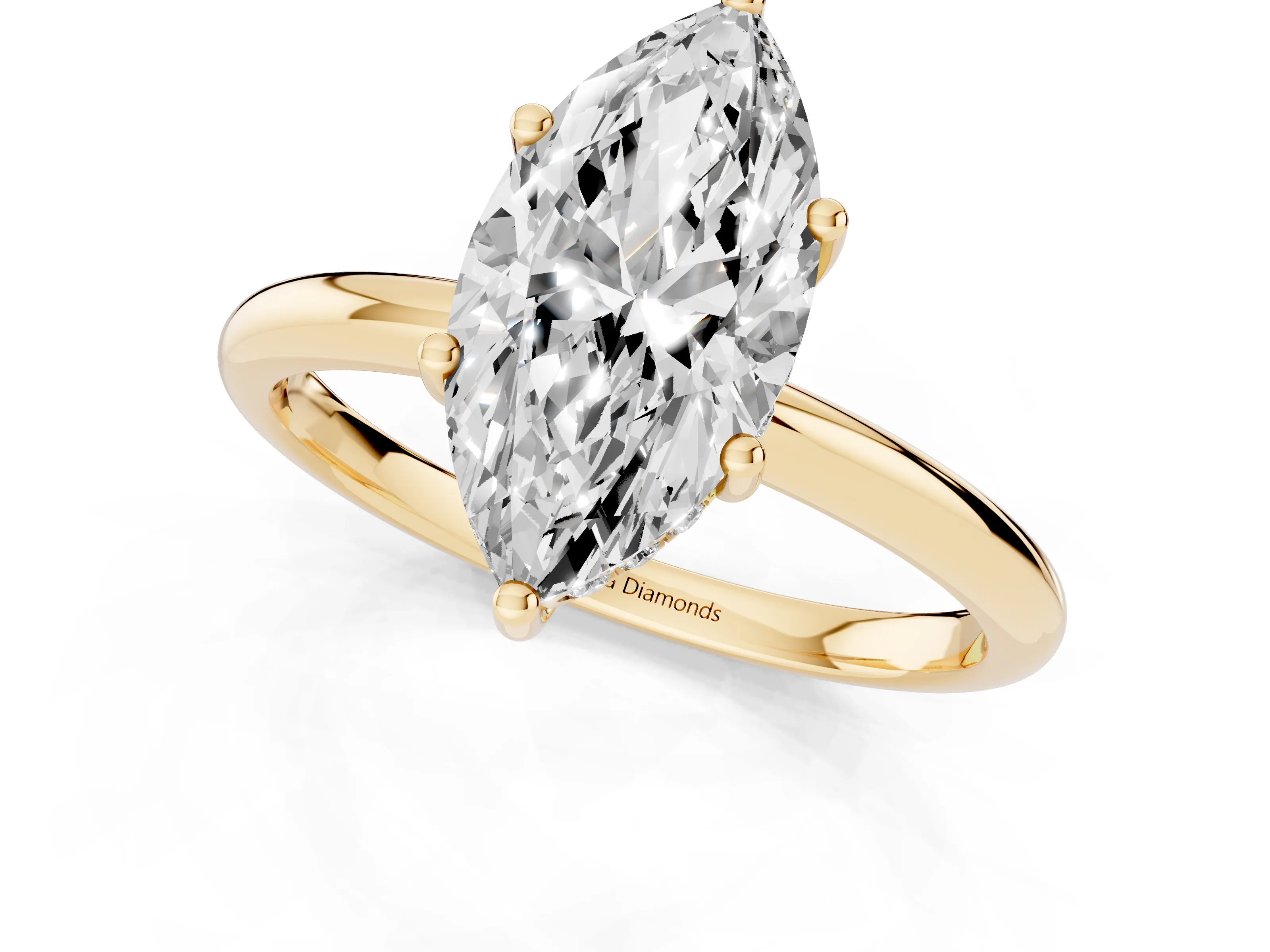Marquise Cut Diamond Solitaire Engagement Ring Set in Yellow gold with Prong Setting and Polished Band – second view