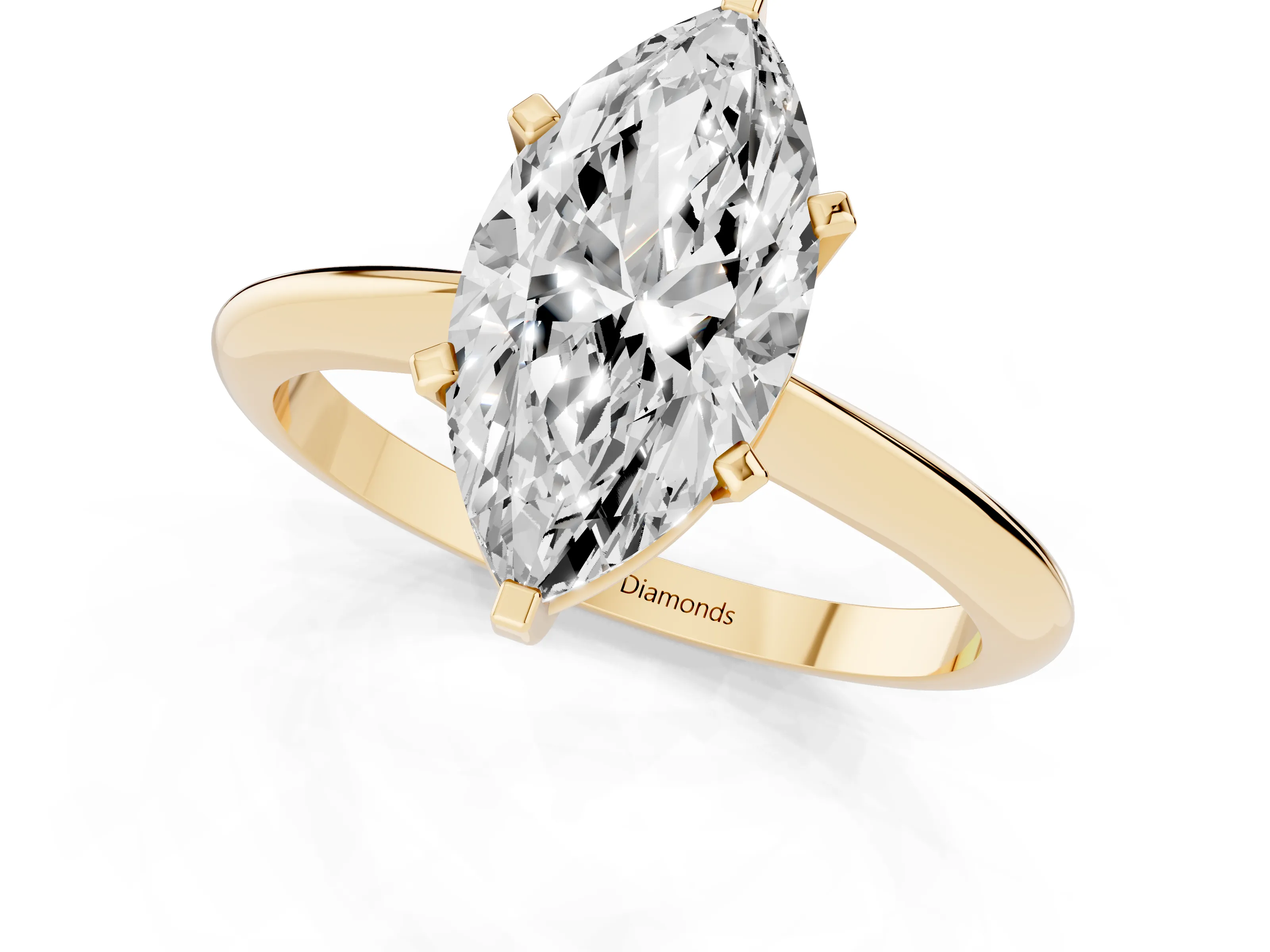 Marquise Cut Diamond Solitaire Ring Set in Yellow gold with Prong Setting on a Plain Round Band