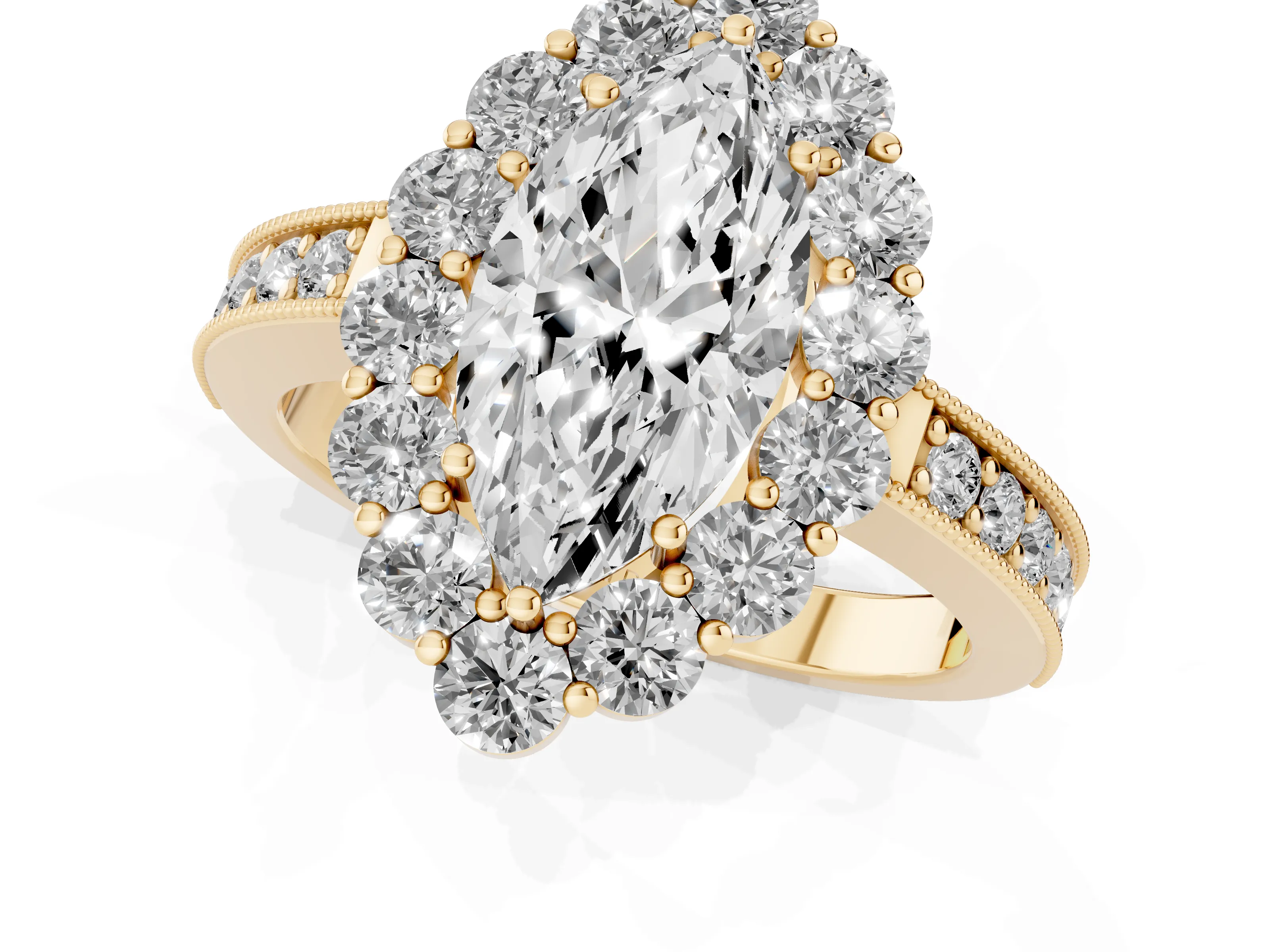 Marquise Cut Diamond Halo Pavé Engagement Ring Set in Yellow gold with Milgrain Detailing
