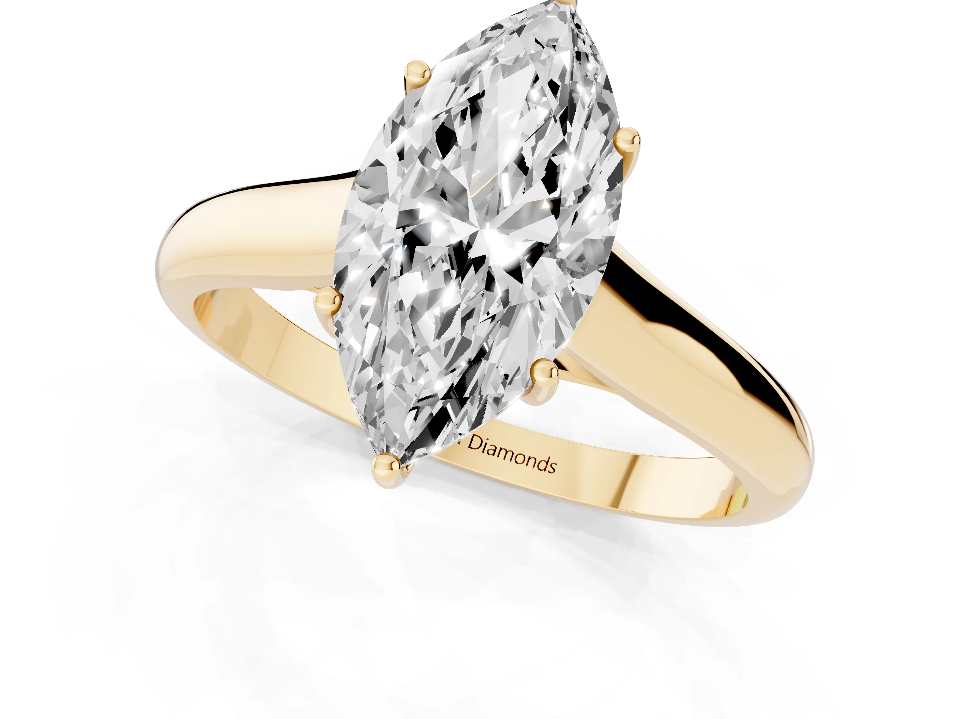 Marquise Cut Diamond Solitaire Engagement Ring Set in Yellow gold with Subtly Tapered Band and Prong Setting