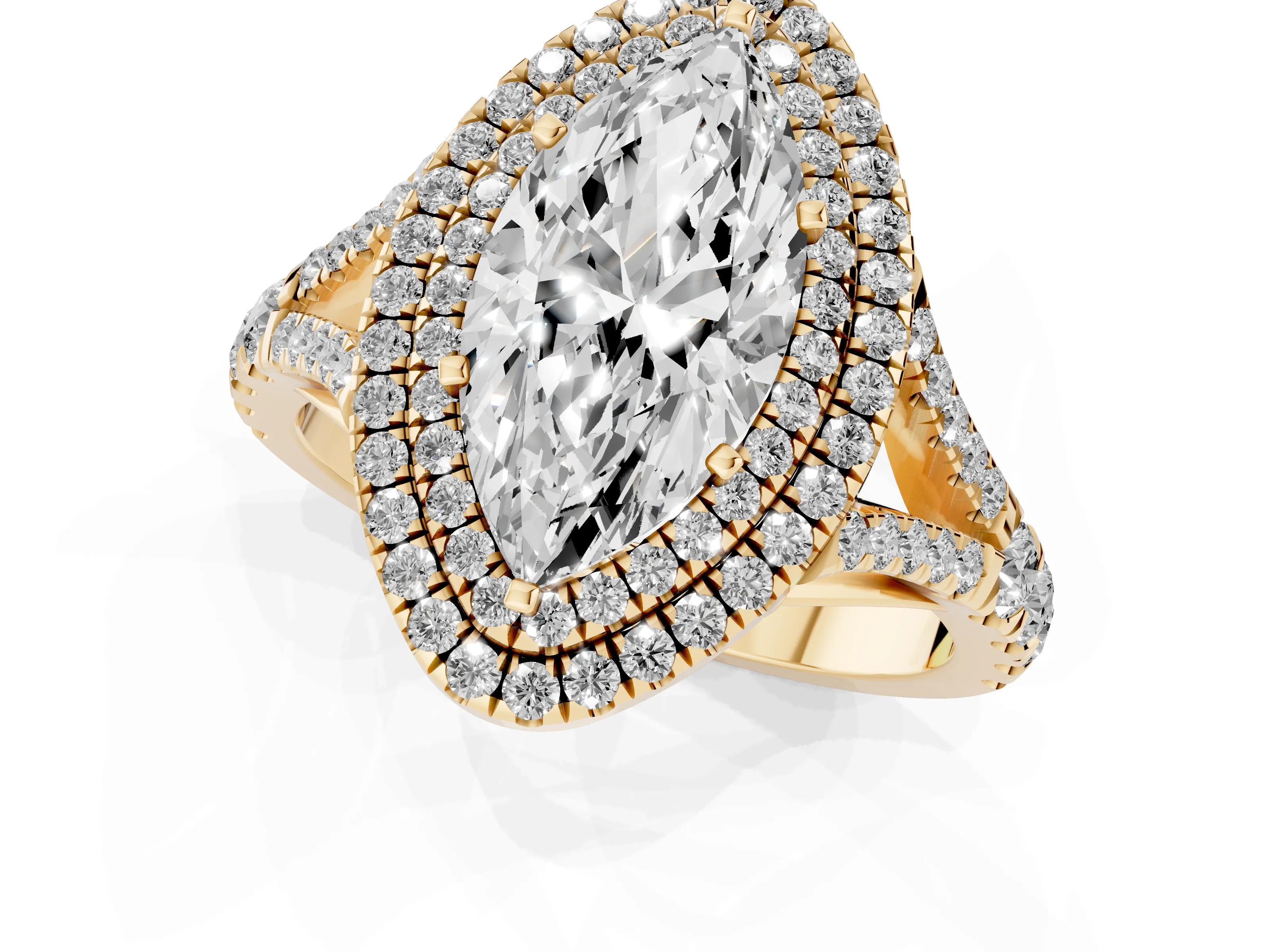 Marquise Cut Diamond Pavé Split Shank Double Halo Engagement Ring Set in Yellow gold