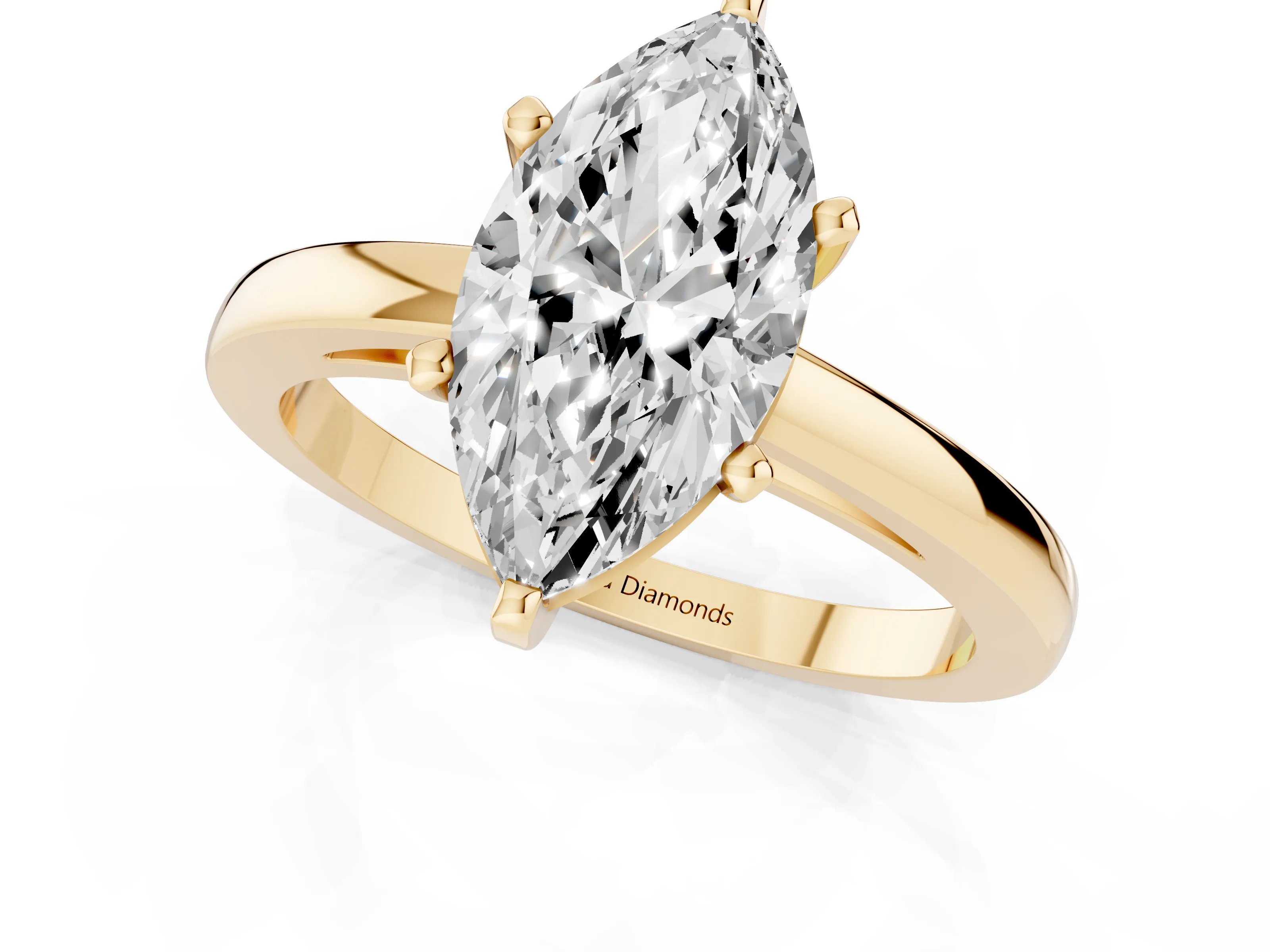 Marquise Cut Diamond Solitaire Engagement Ring Set in Yellow gold with Prong Setting on a Classic Band
