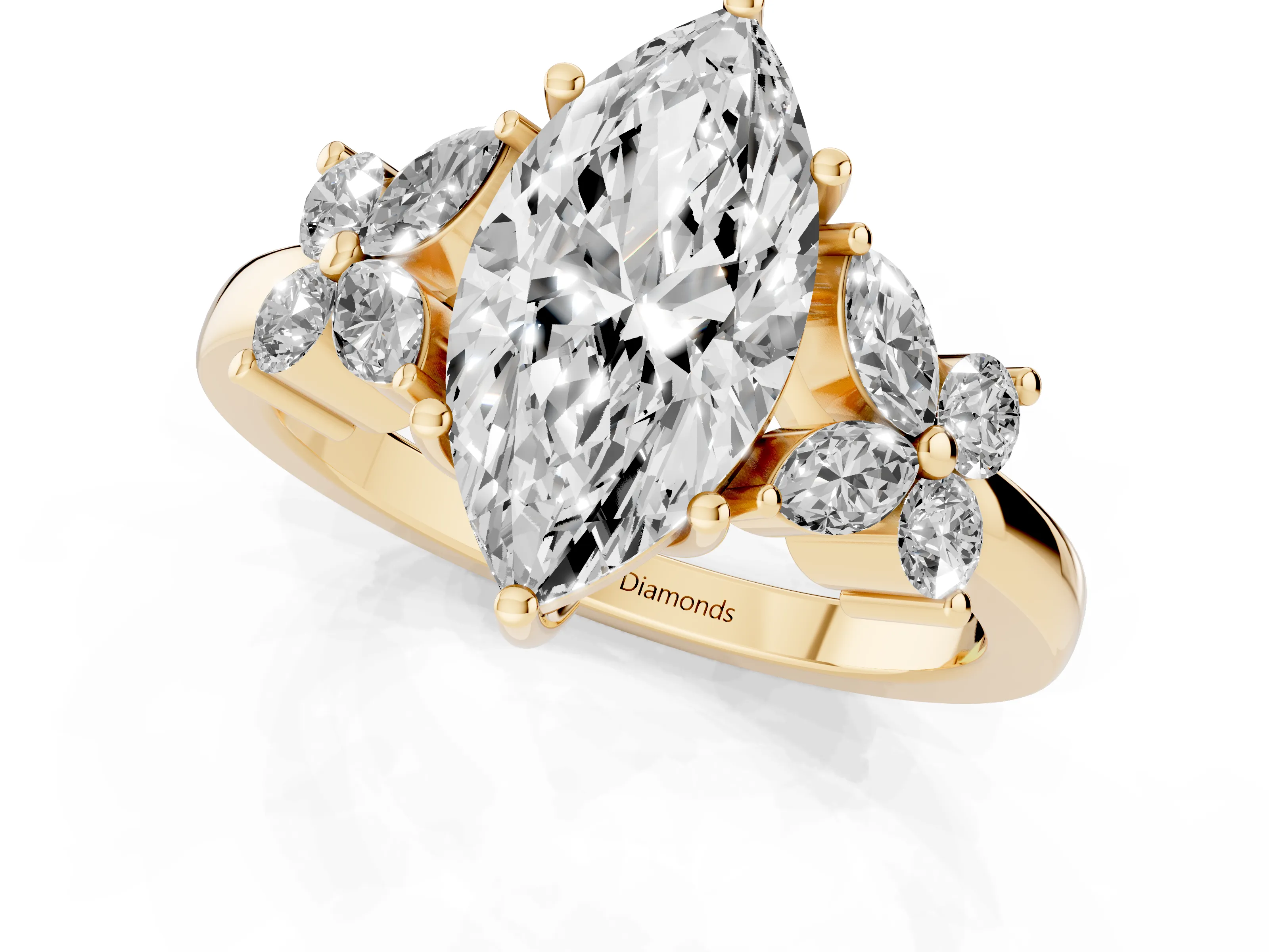 Marquise Cut Diamond Floral Cluster Ring Set in Yellow gold with Marquise Petals and Prong Setting