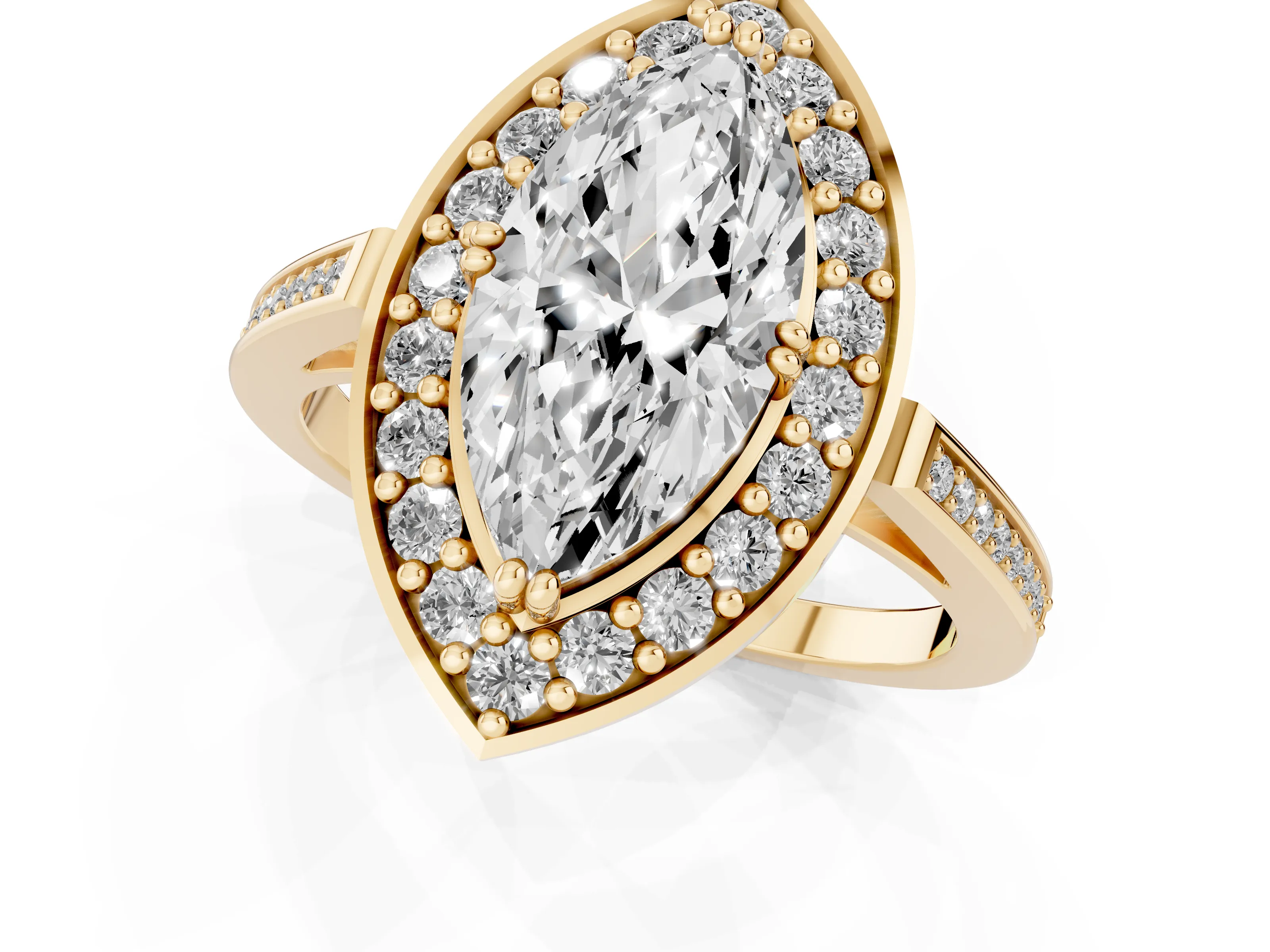 Marquise Cut Diamond Halo Ring Set in Yellow gold with Accent-Lined Split Shank and Prong Setting