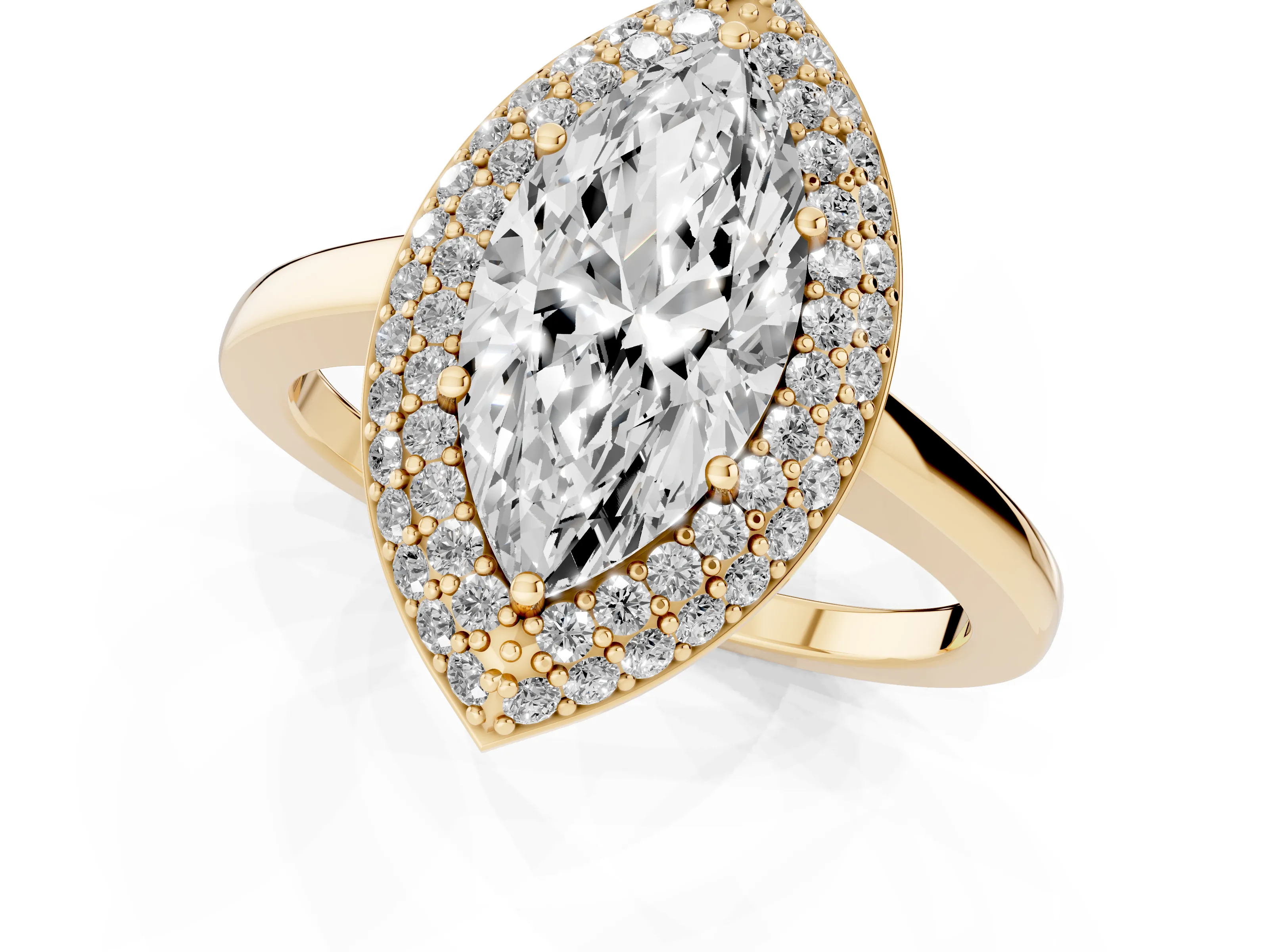 Marquise Cut Diamond Halo Engagement Ring Set in Yellow gold with Solitaire Band and Prong Setting