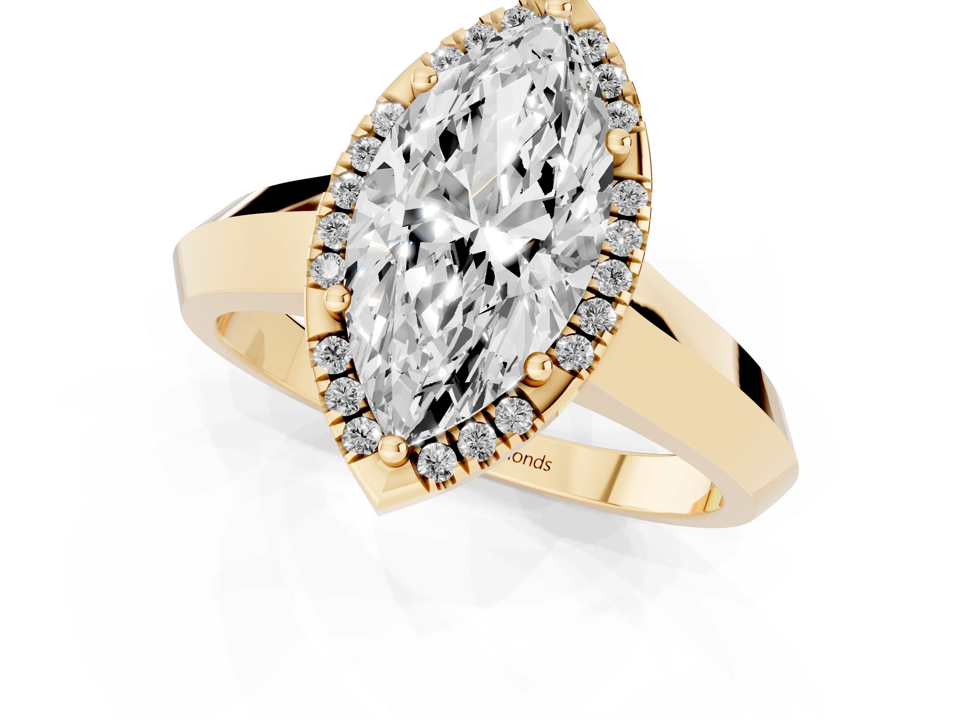 Marquise Cut Diamond Halo Ring Set in Yellow gold with Cathedral Band and Prong Setting