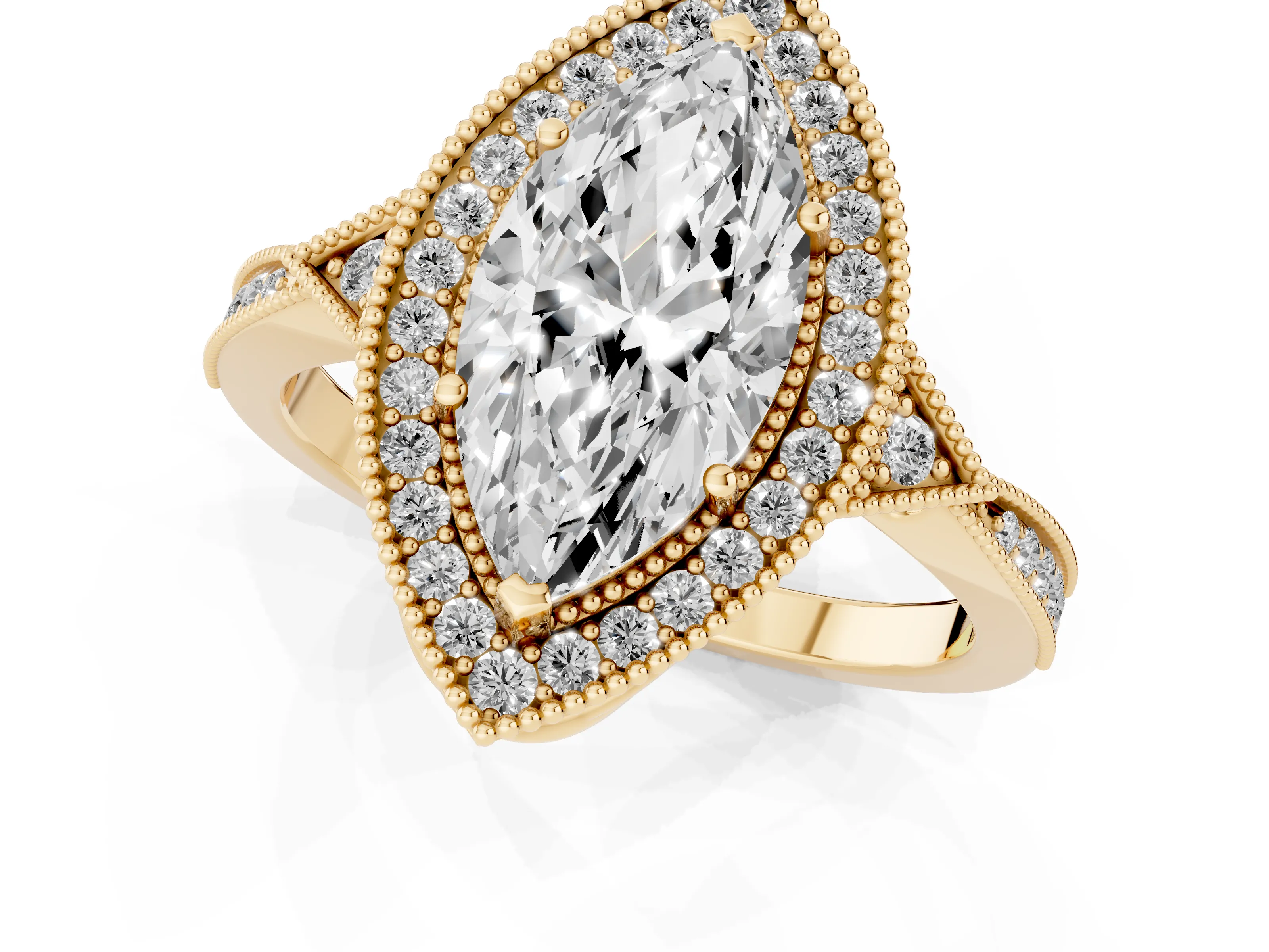 Marquise Cut Diamond Halo Engagement Ring Set in Yellow gold with Milgrain Pavé Band