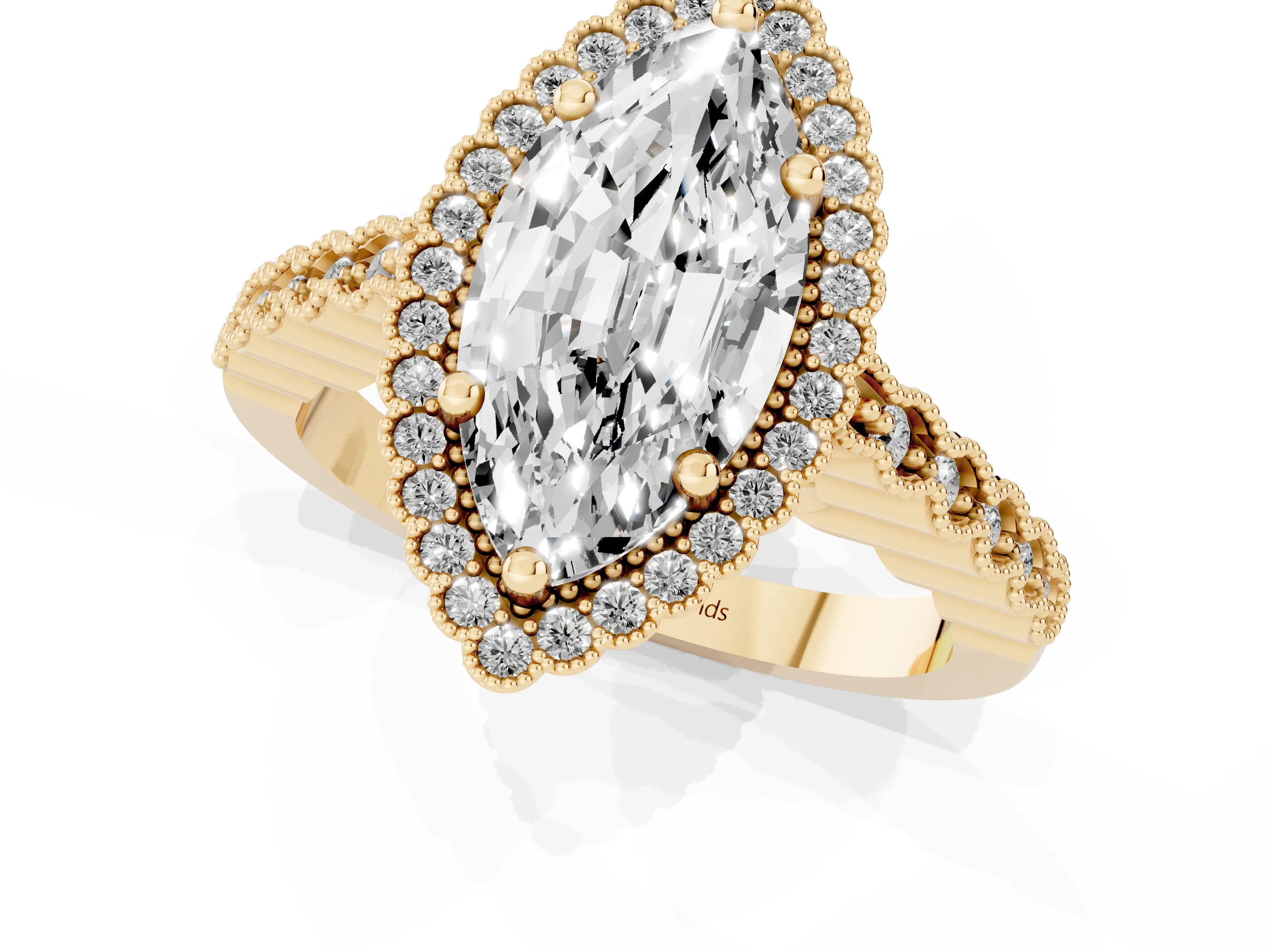 Marquise Cut Diamond Halo Ring Set in Yellow gold with Pavé Milgrain Band