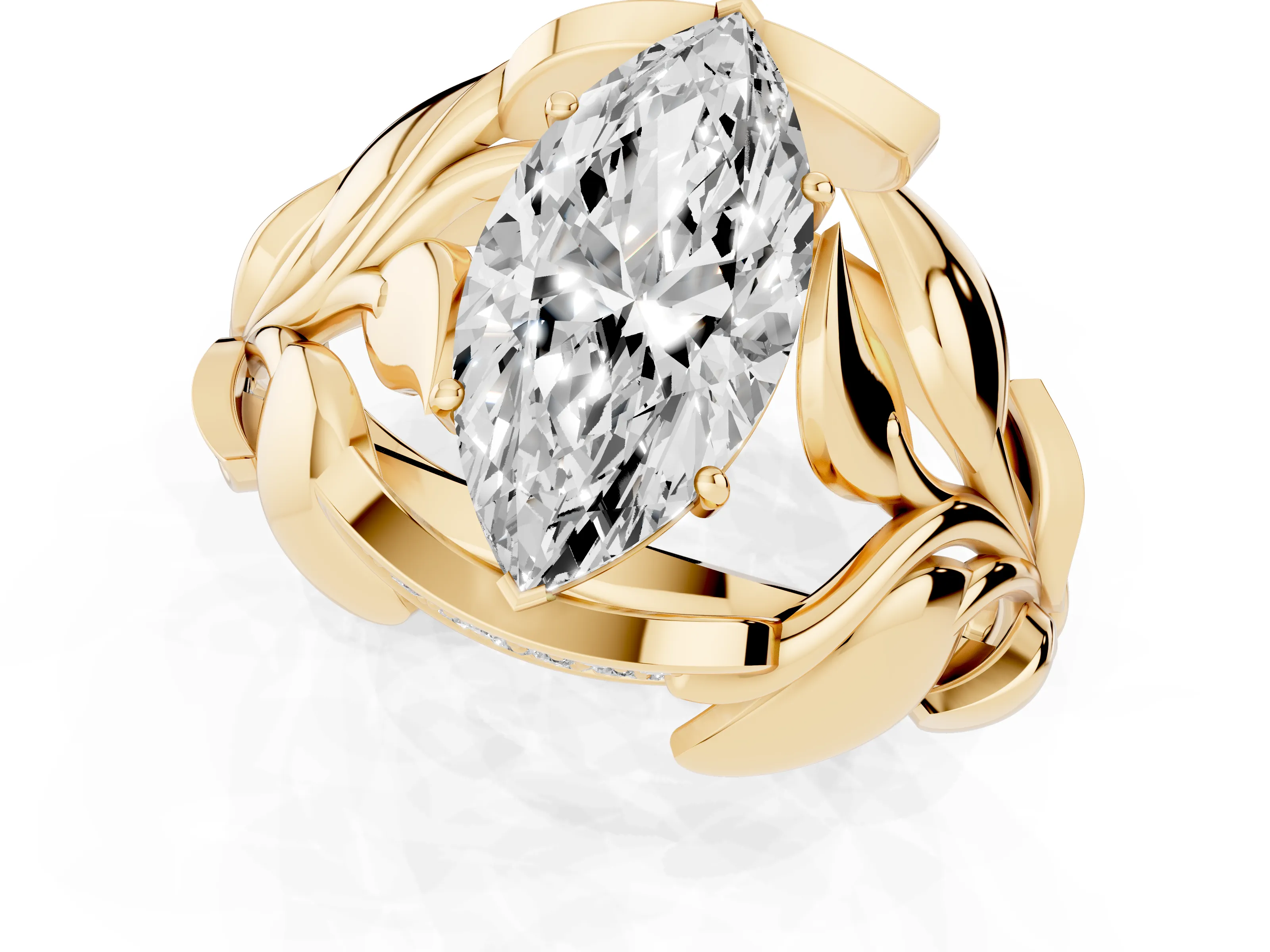 Marquise Cut Diamond Leaf-Inspired Engagement Ring Set in Yellow gold with Round Accents