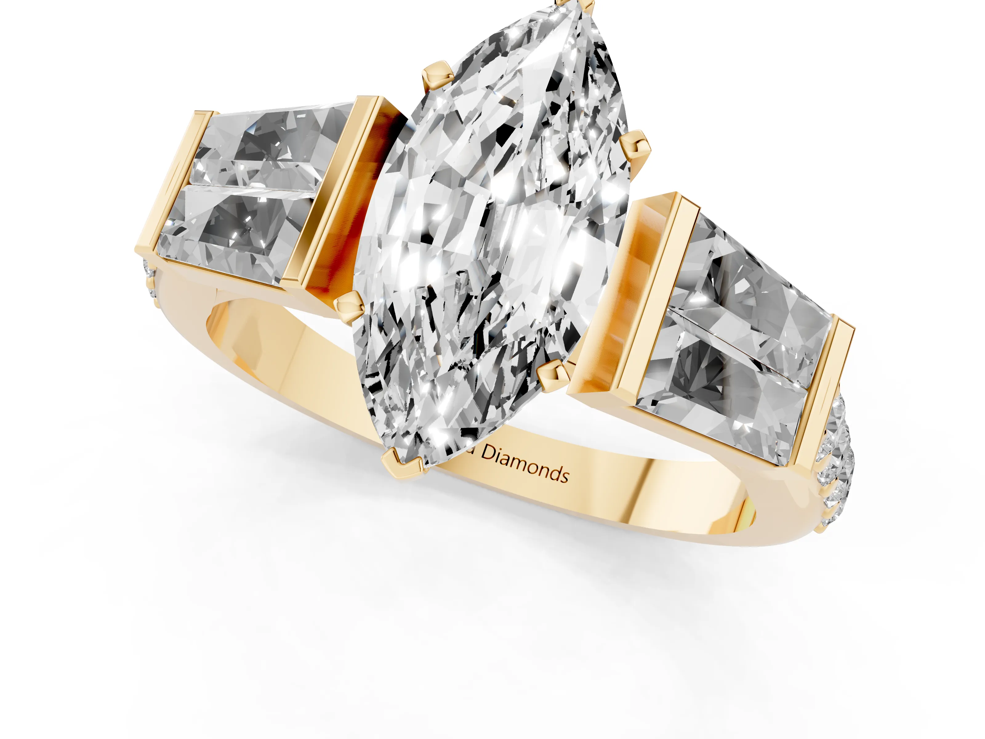 Marquise Cut Diamond Engagement Ring Set in Yellow gold with Baguette Side Stones and Channel Set Band