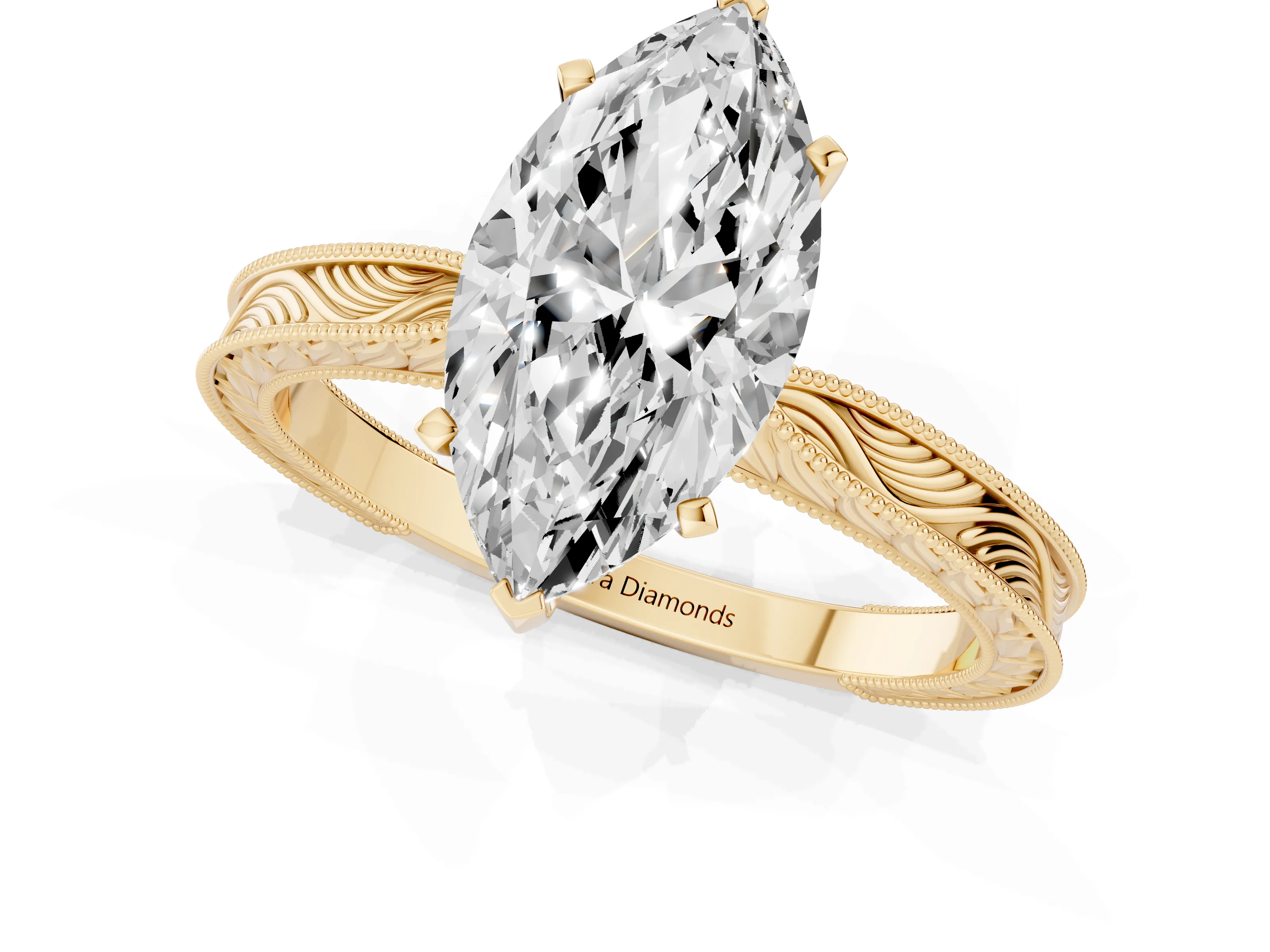 Marquise Cut Diamond Solitaire Milgrain Engraved Band Set in Yellow gold with Prong Setting – second view