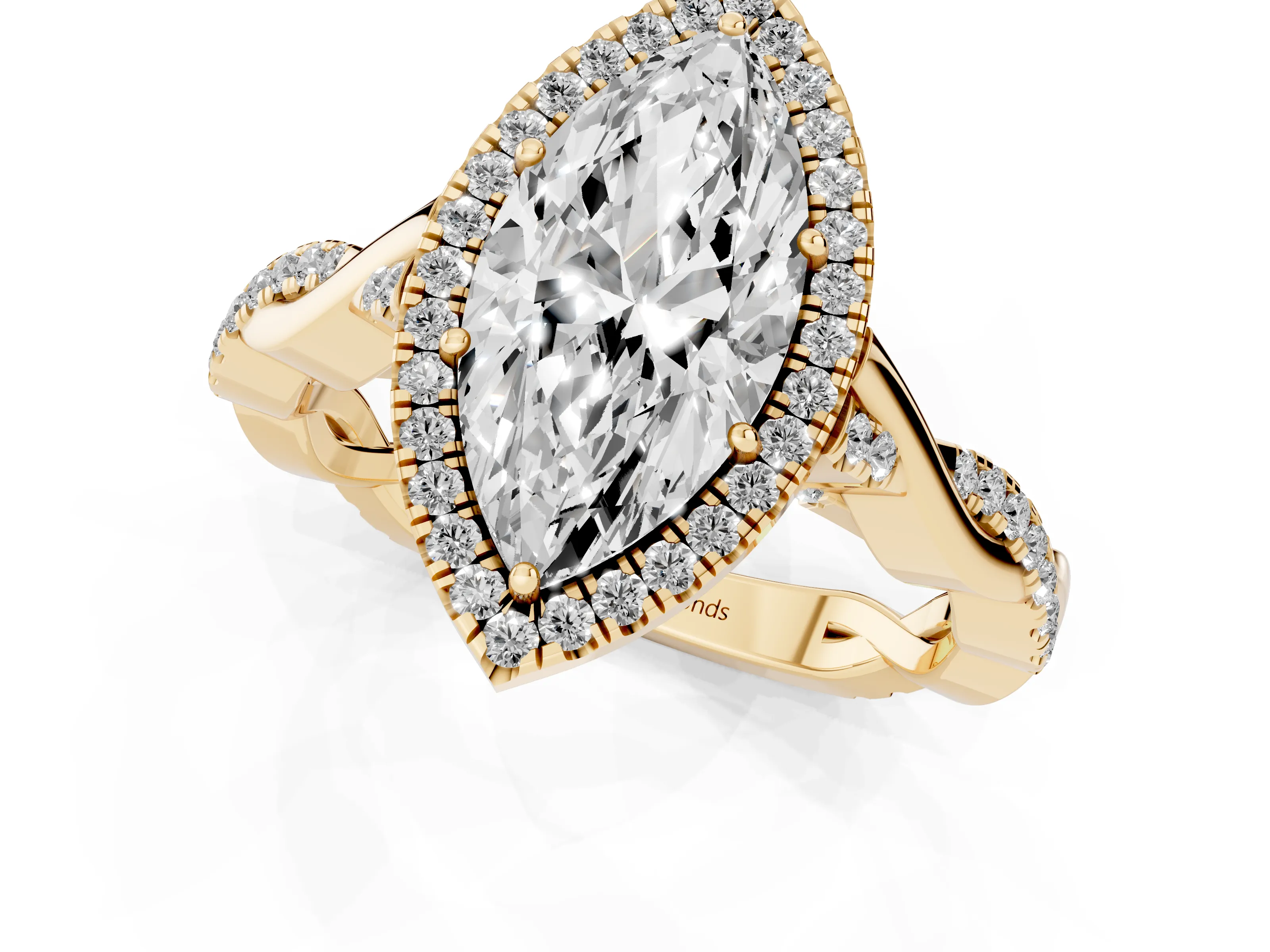 Marquise Cut Diamond Halo Twist Band Solitaire Ring Set in Yellow gold with Prong Setting