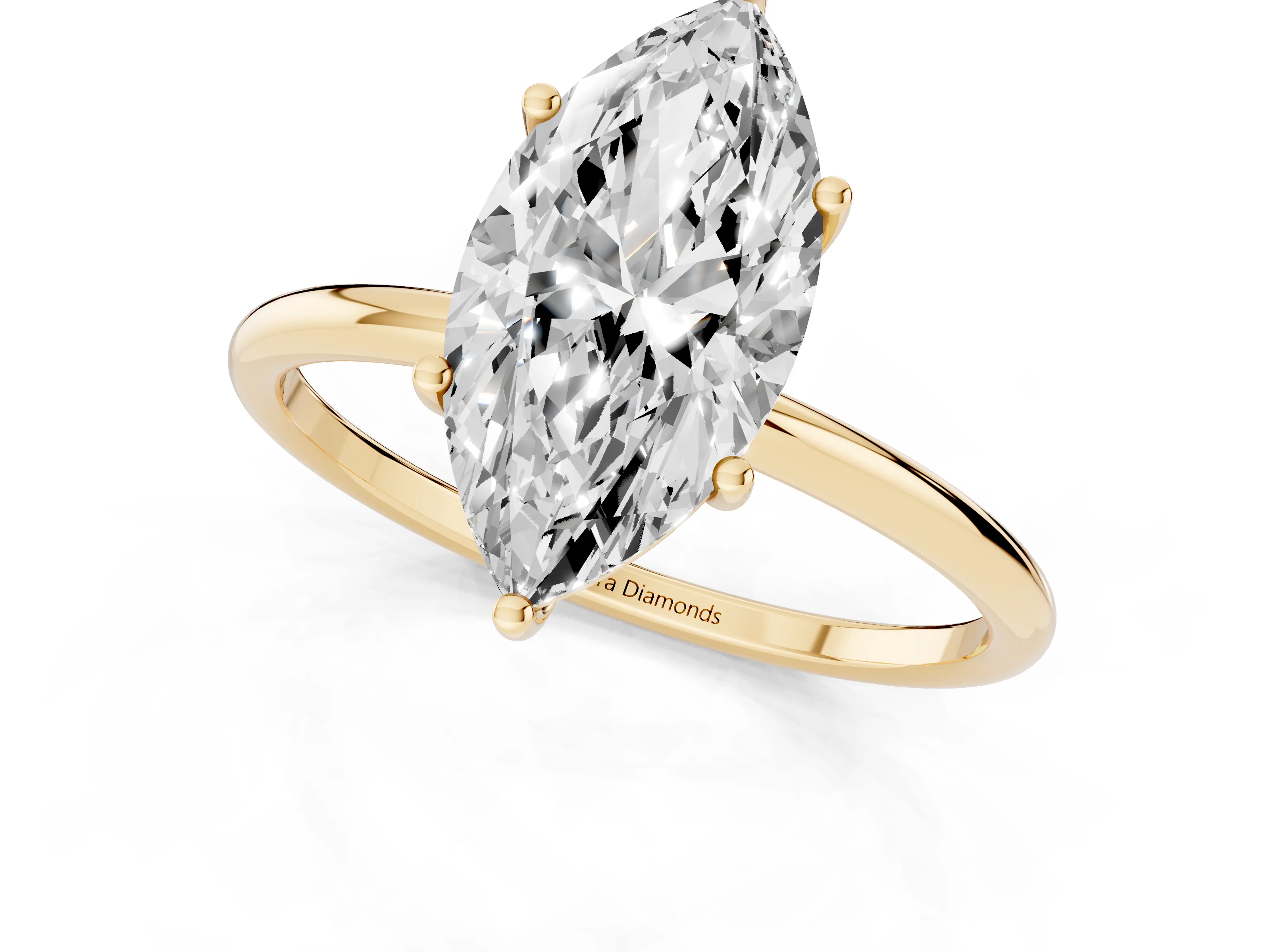 Marquise Cut Diamond Solitaire Engagement Ring Set in Yellow gold with Thin Band and Prong Setting