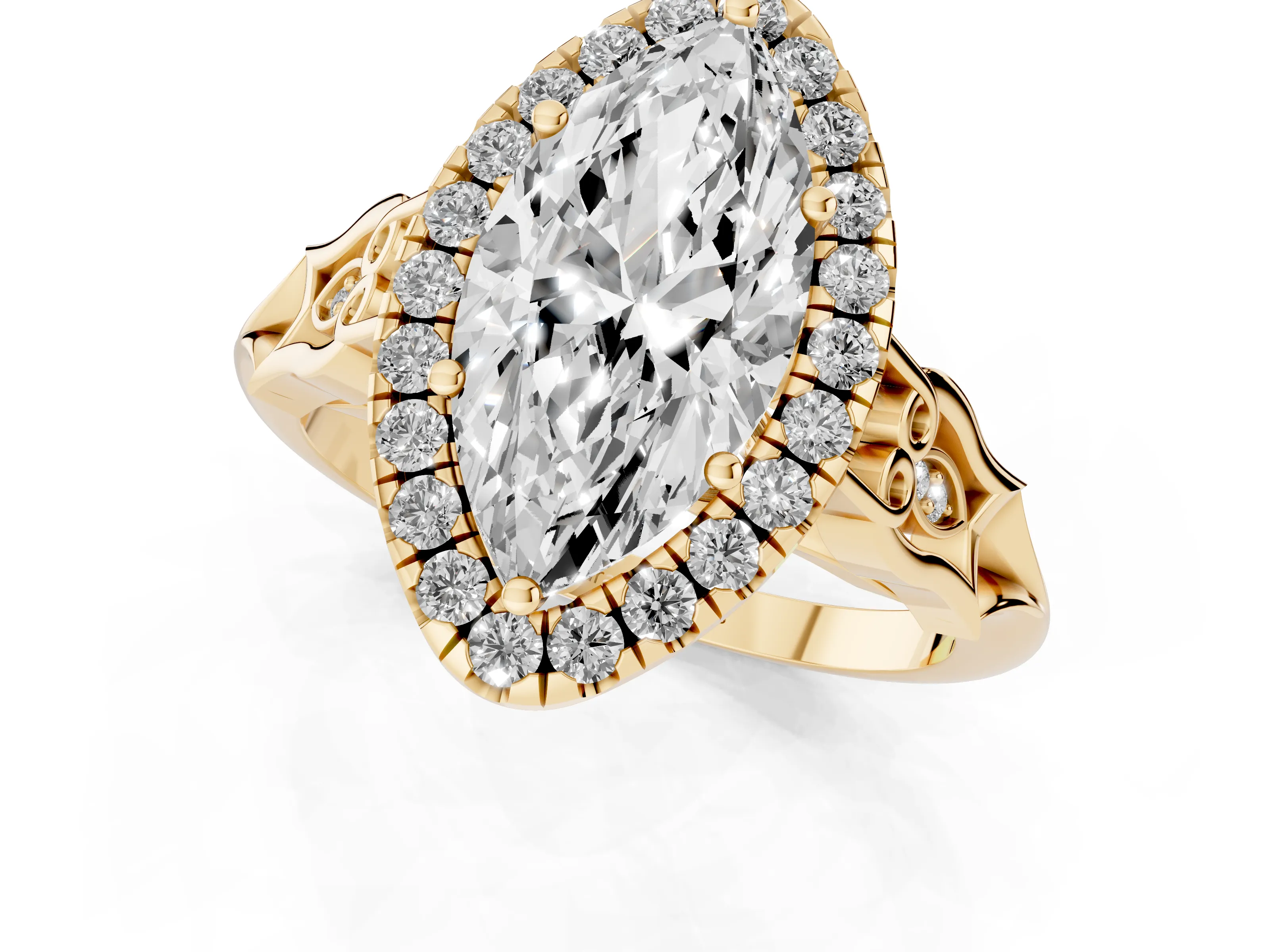 Marquise Cut Diamond Halo Engagement Ring Set in Yellow gold with Filigree Band and Prong-Set Center – second view