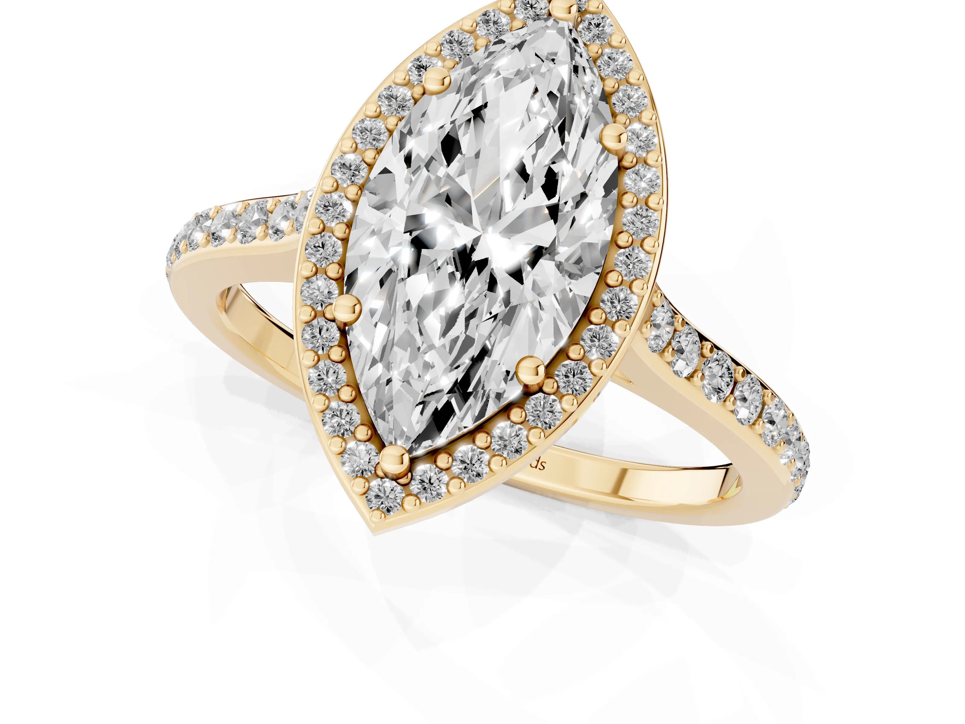 Marquise Cut Diamond Halo Engagement Ring Set in Yellow gold with Round Pavé Shoulders and Heart Gallery