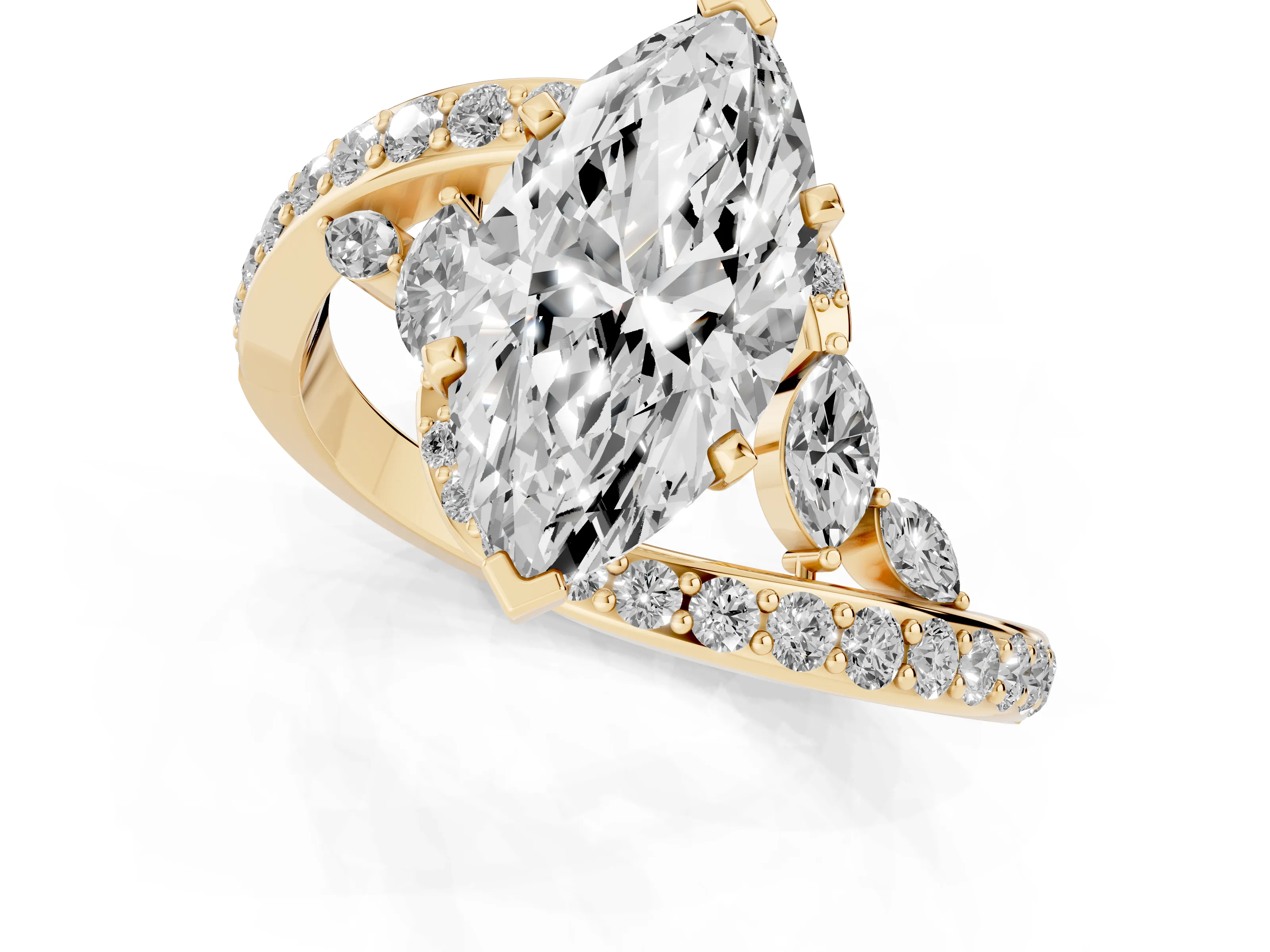 Marquise Cut Diamond Solitaire Ring Set in Yellow gold with Pavé Twist Band and Secure Prong Setting