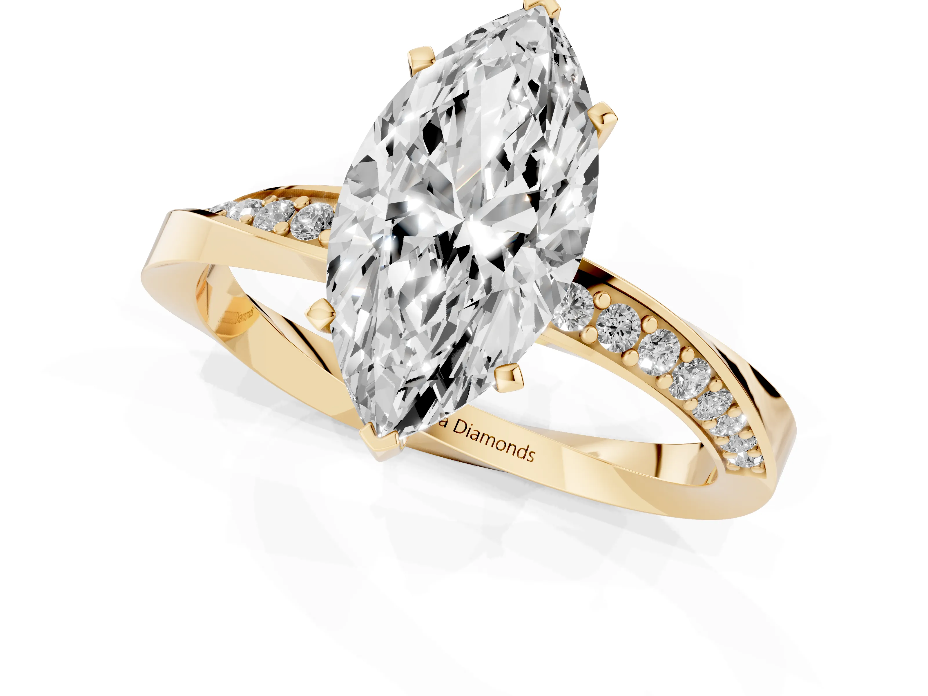Marquise Cut Diamond Engagement Ring Set in Yellow gold with Side Stone Accents and Prong Setting