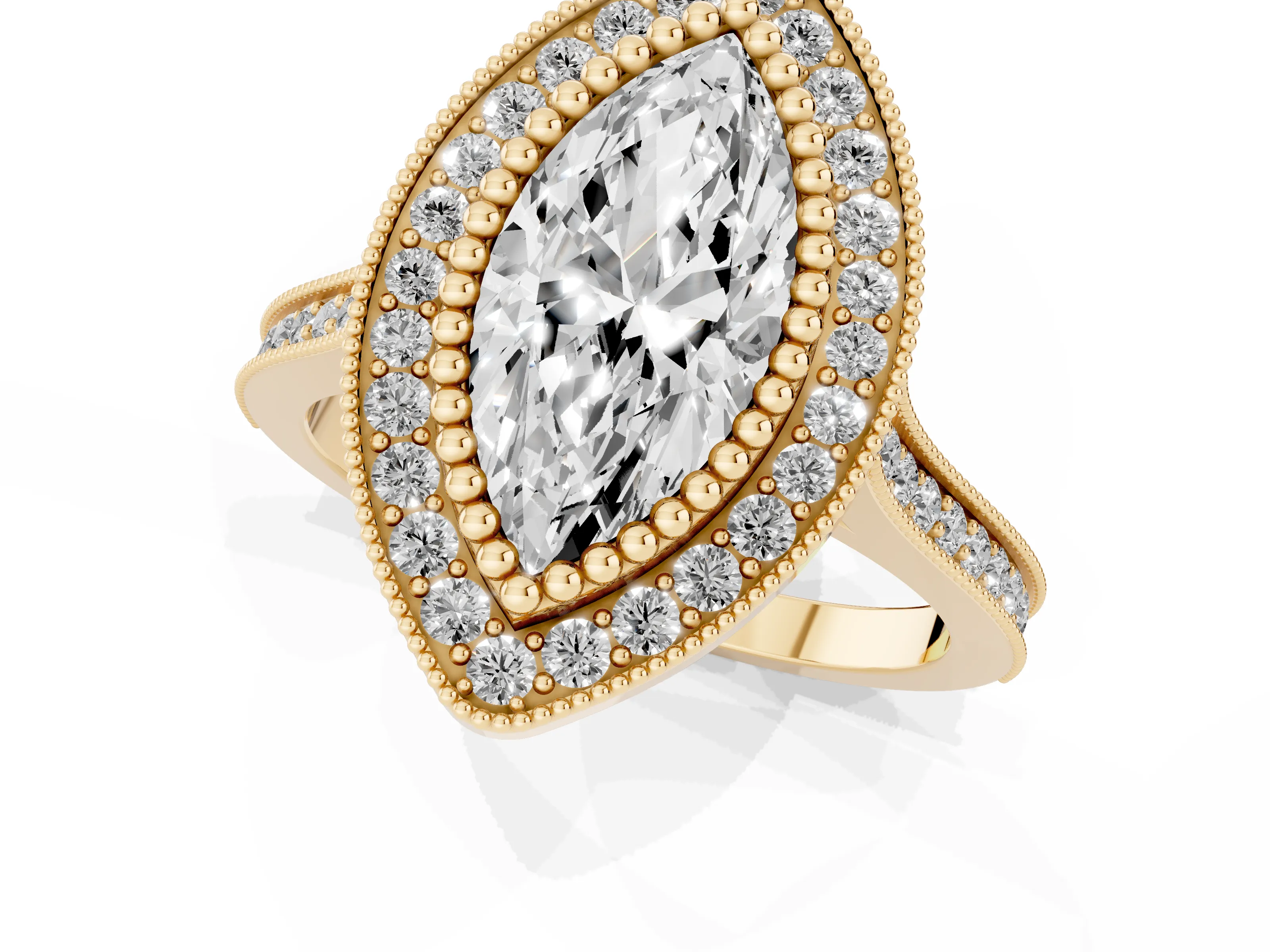 Marquise Cut Diamond Halo Ring Set in Yellow gold with Milgrain Frame and Pavé Band