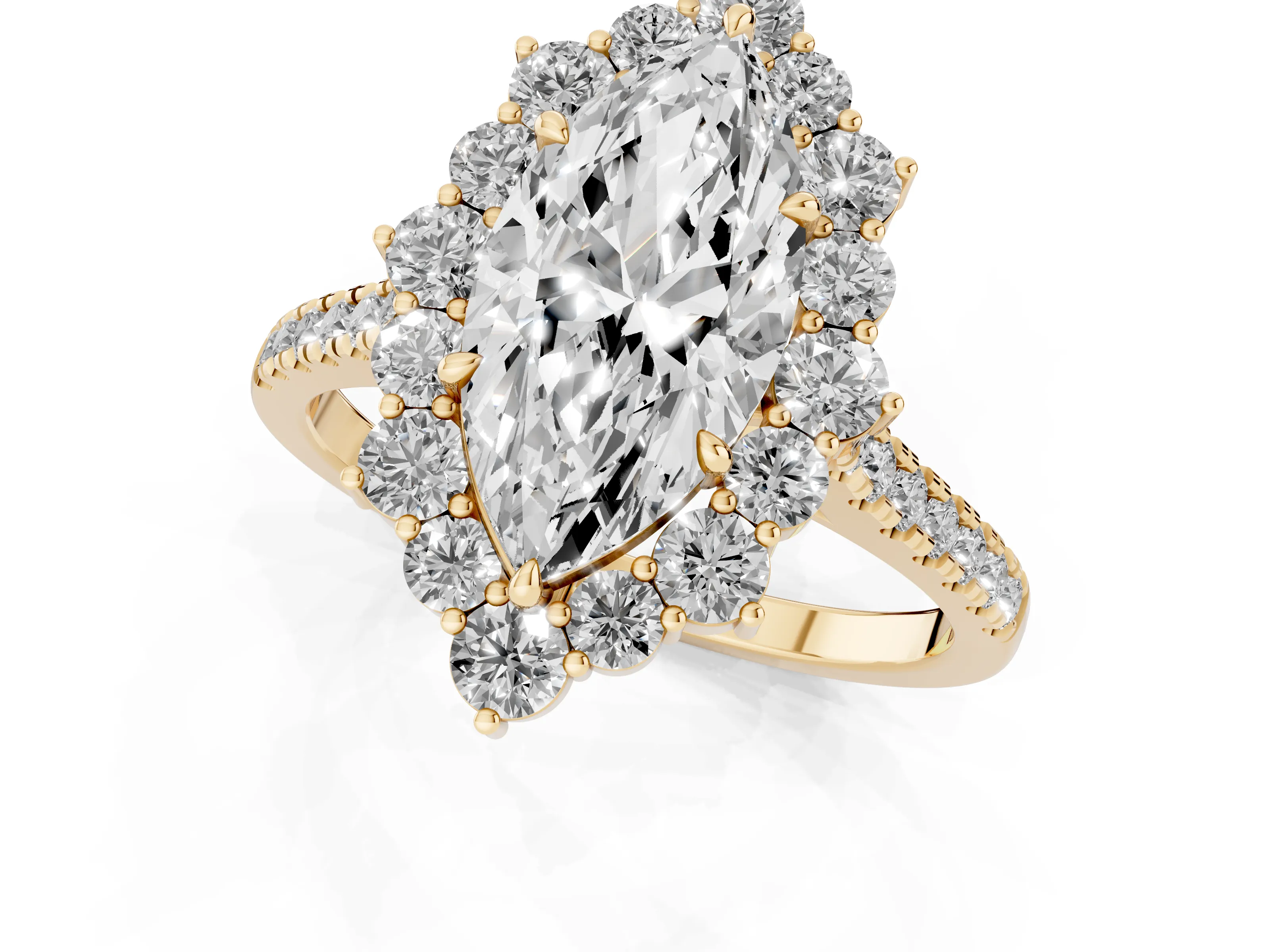 Marquise Cut Diamond Halo Ring Set in Yellow gold with Pavé Band and Prong Setting