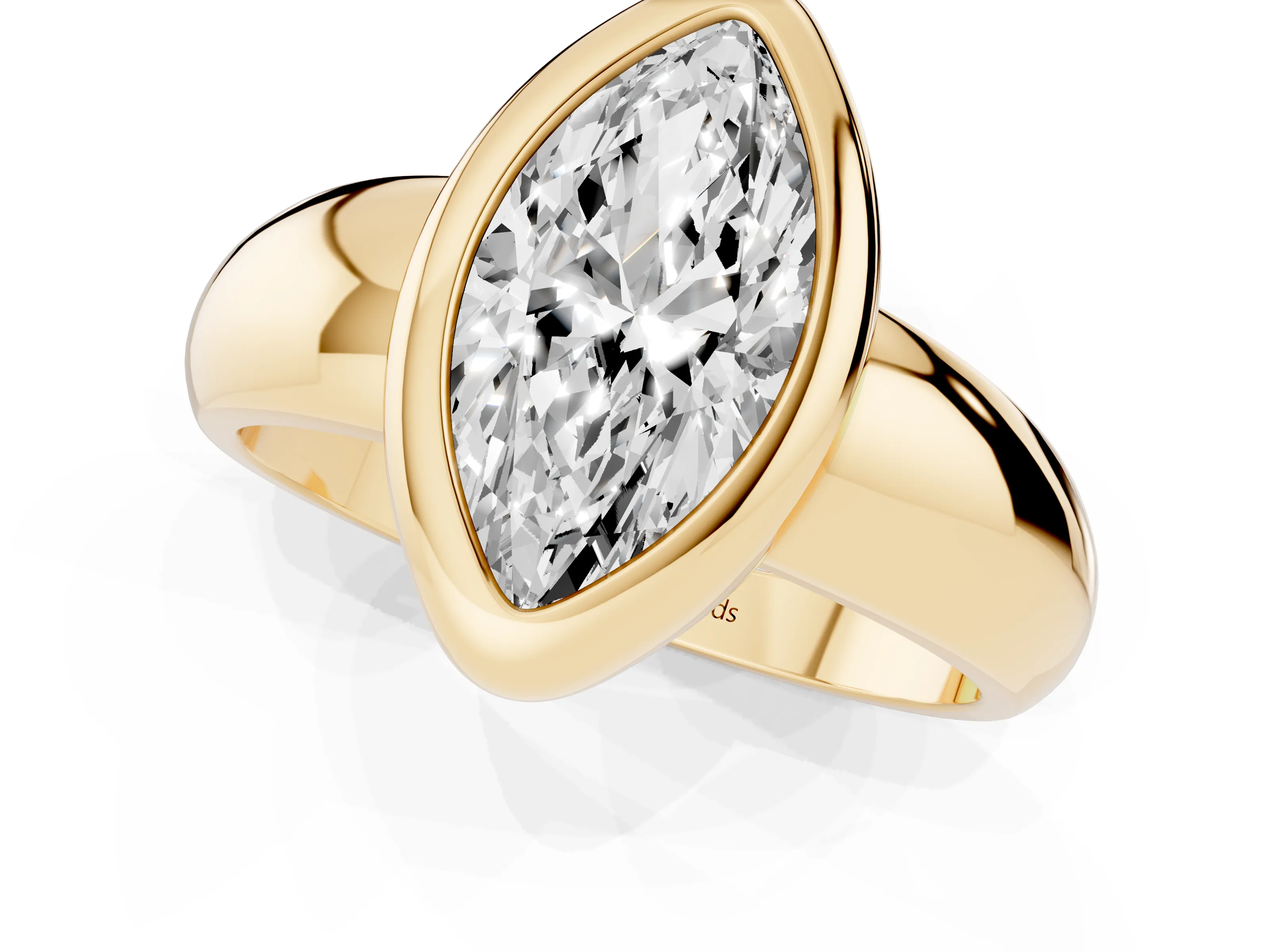 Bezel Set Marquise Cut Diamond Solitaire Ring Set in Yellow gold with Wide Band