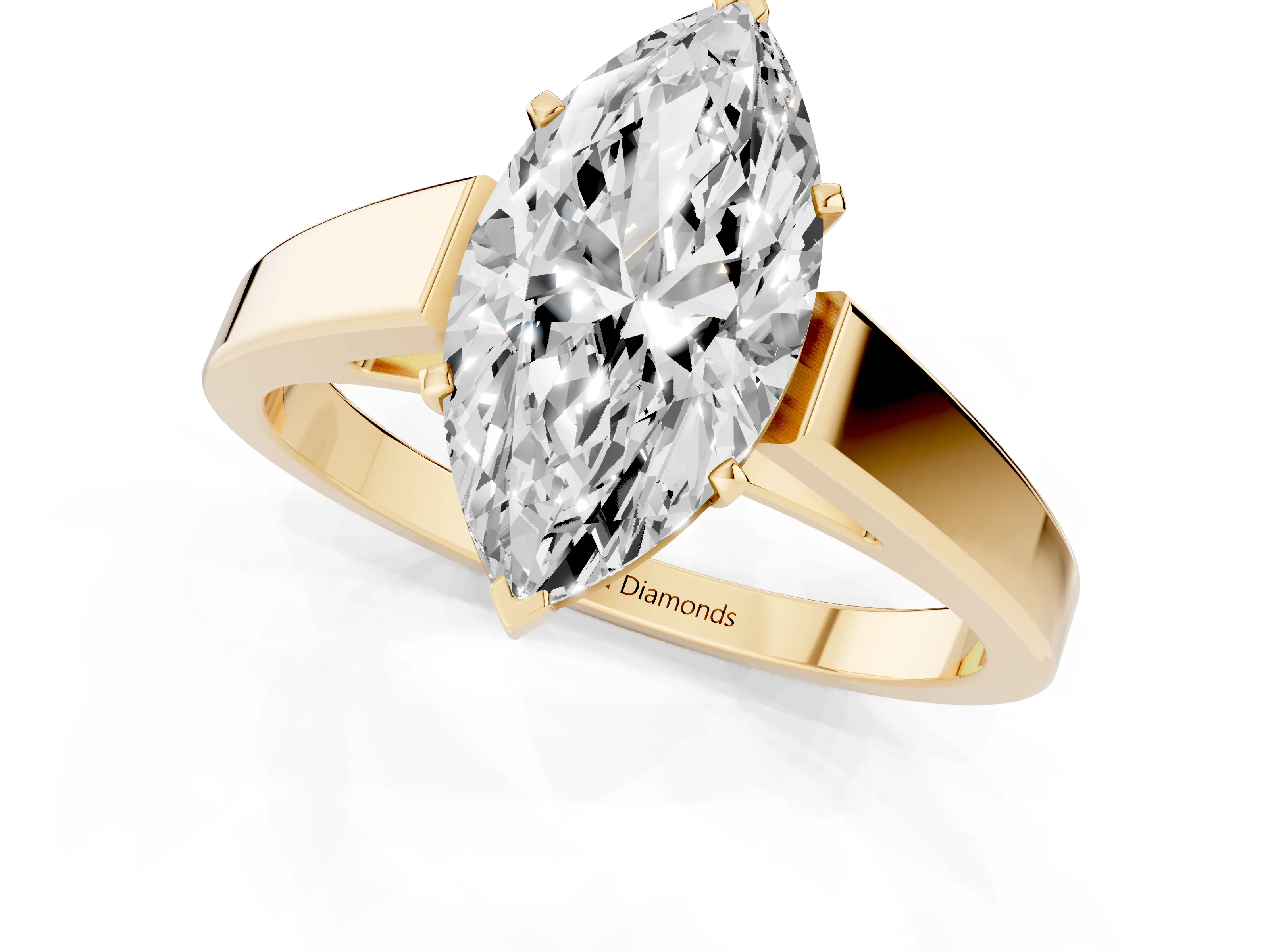 Marquise Cut Diamond Solitaire Engagement Ring Set in Yellow gold with Prong Setting and Tapered Band