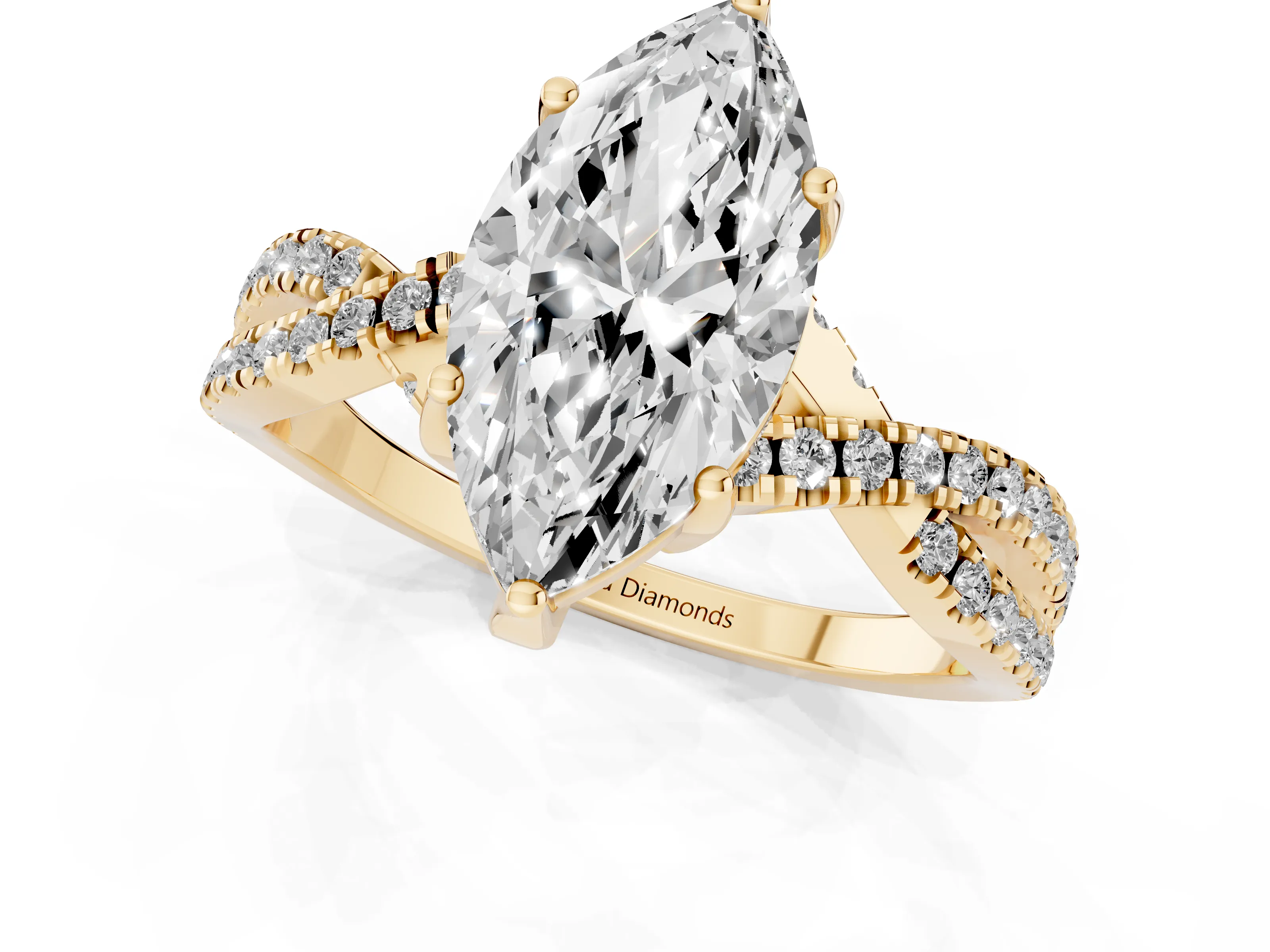 Marquise Cut Diamond Twist Pavé Solitaire Engagement Ring Set in Yellow gold with Prong Setting