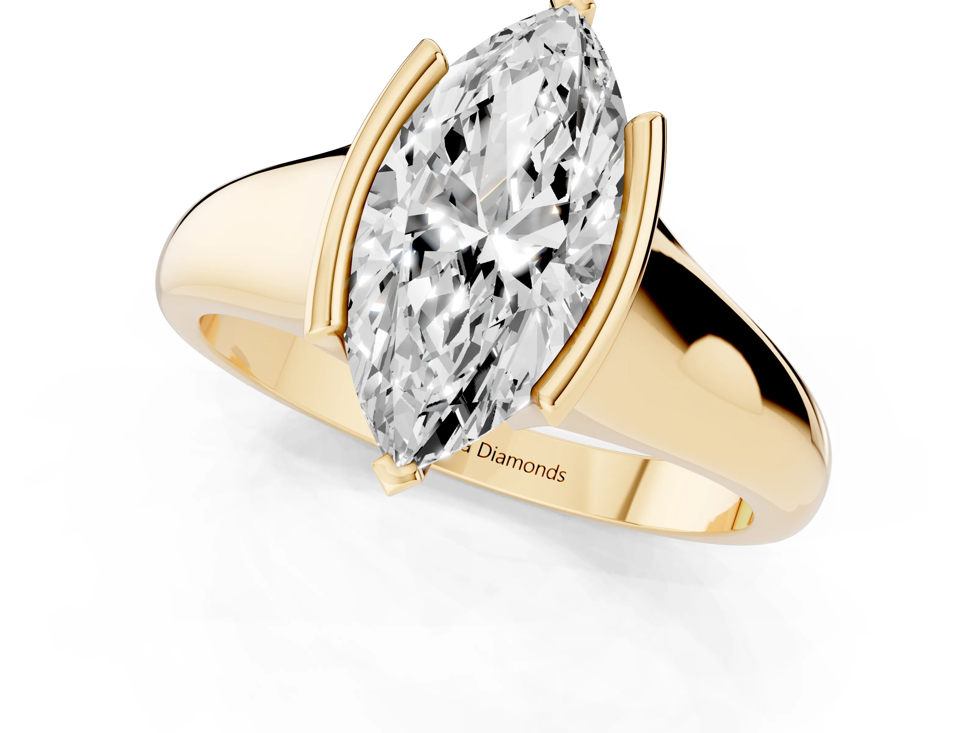 Marquise Cut Diamond Solitaire Tension Set Ring Set in Yellow gold with Split Shank Band – second view