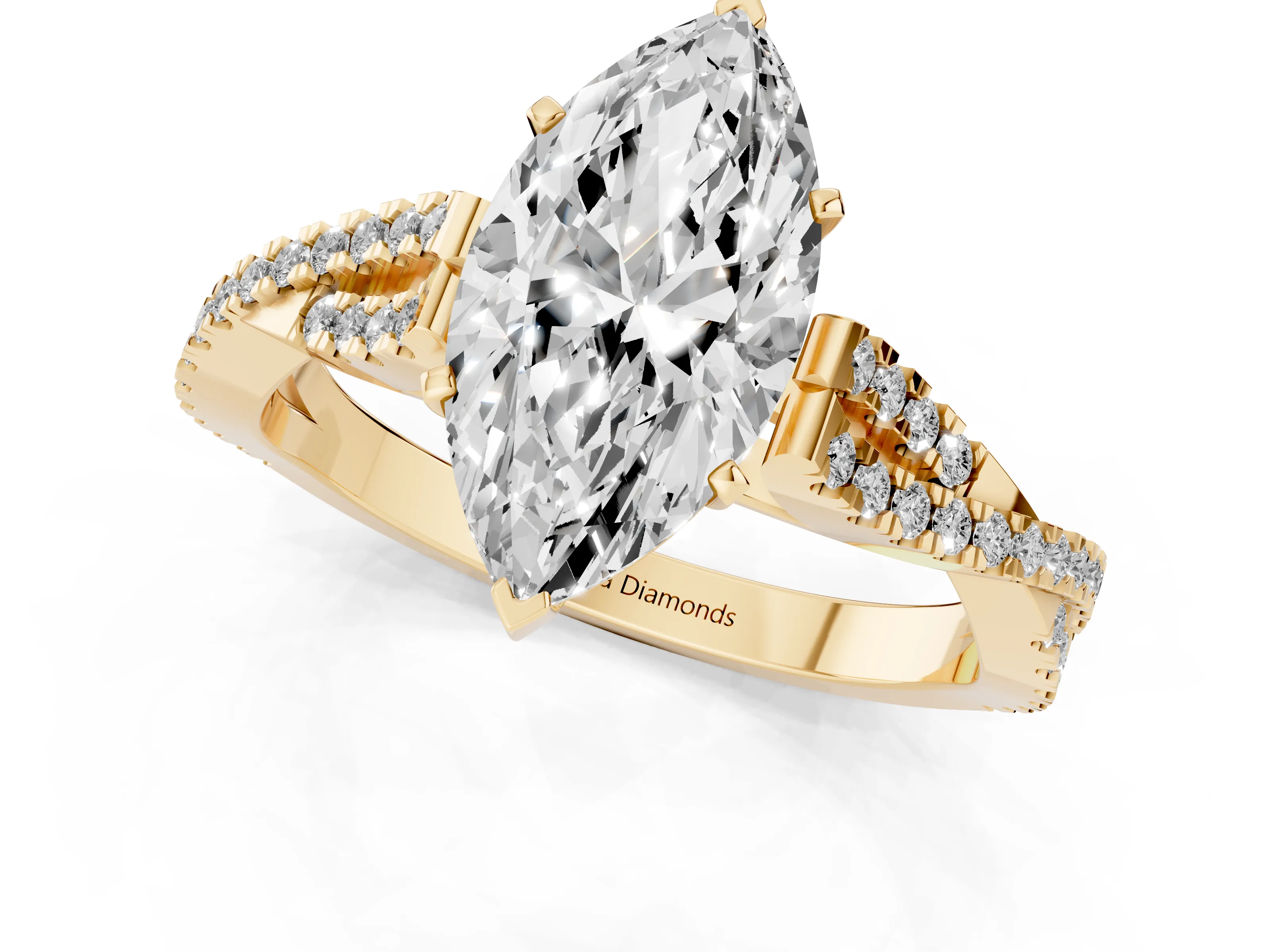 Marquise Cut Diamond Solitaire Engagement Ring Set in Yellow gold with Twisted Pavé Band and Prong Setting