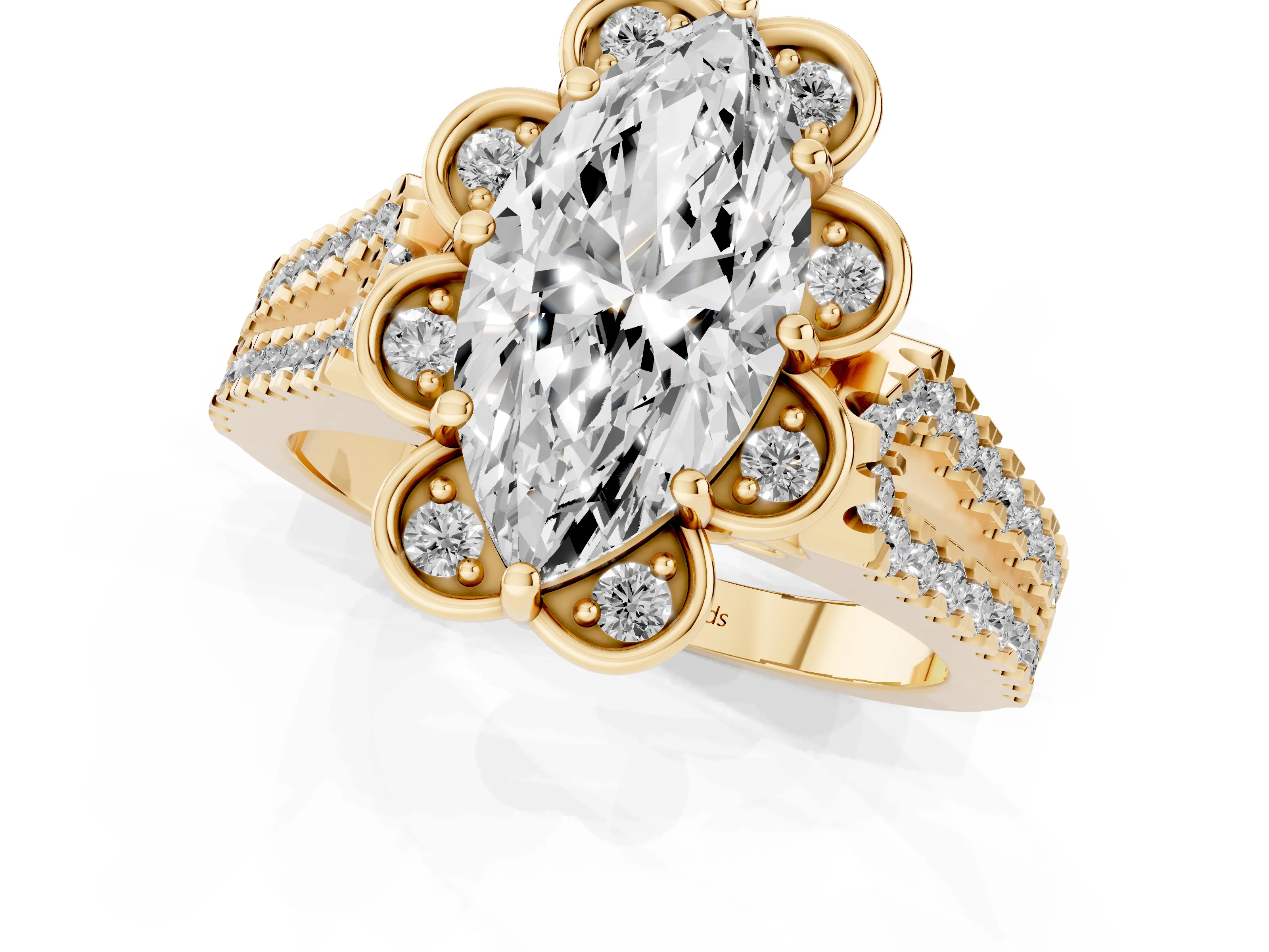 Marquise Cut Diamond Floral Halo Split Shank Engagement Ring Set in Yellow gold with Pavé Shank
