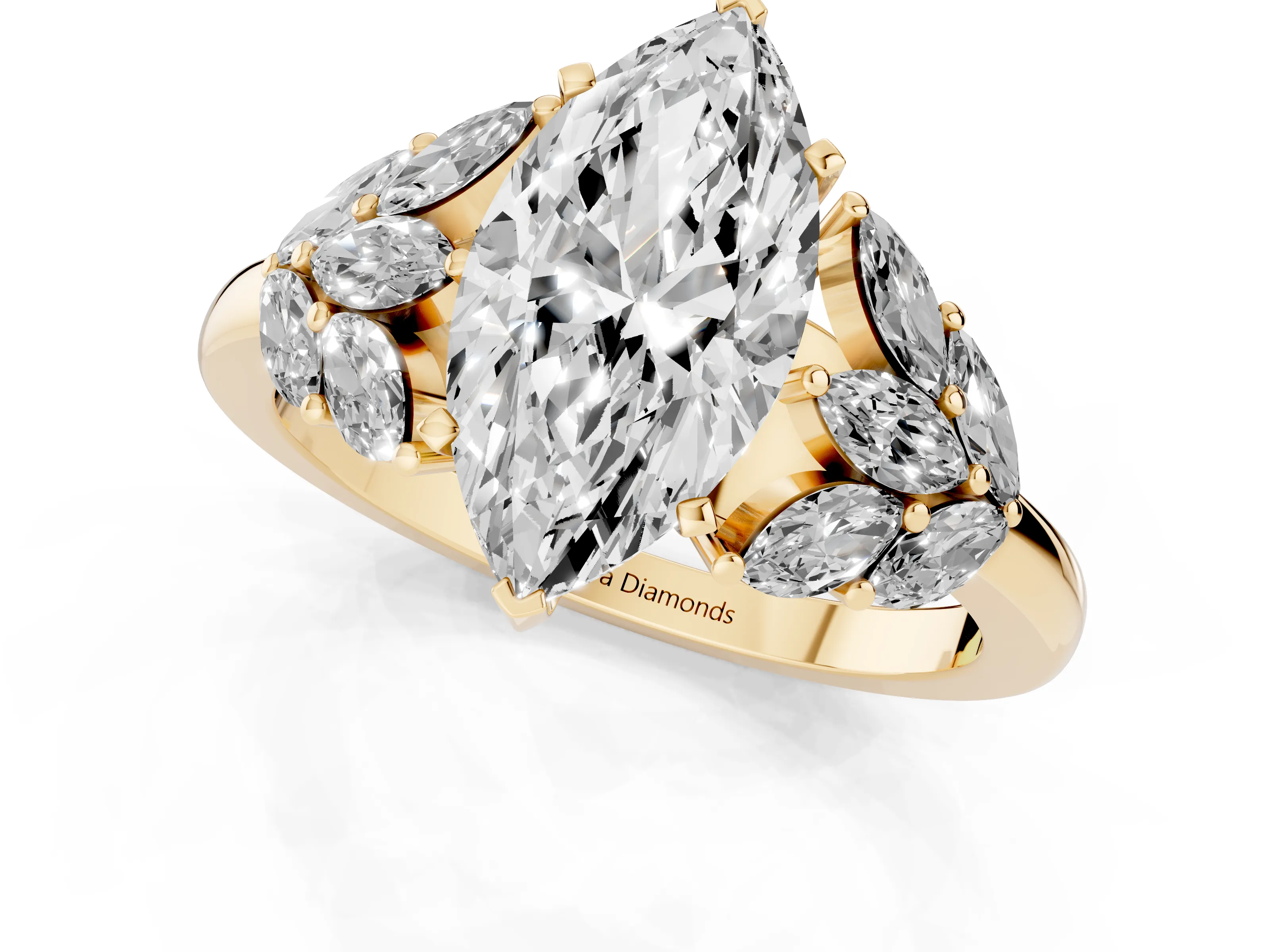 Marquise Cut Diamond Cluster Leaf Design Ring Set in Yellow gold with Prong Setting