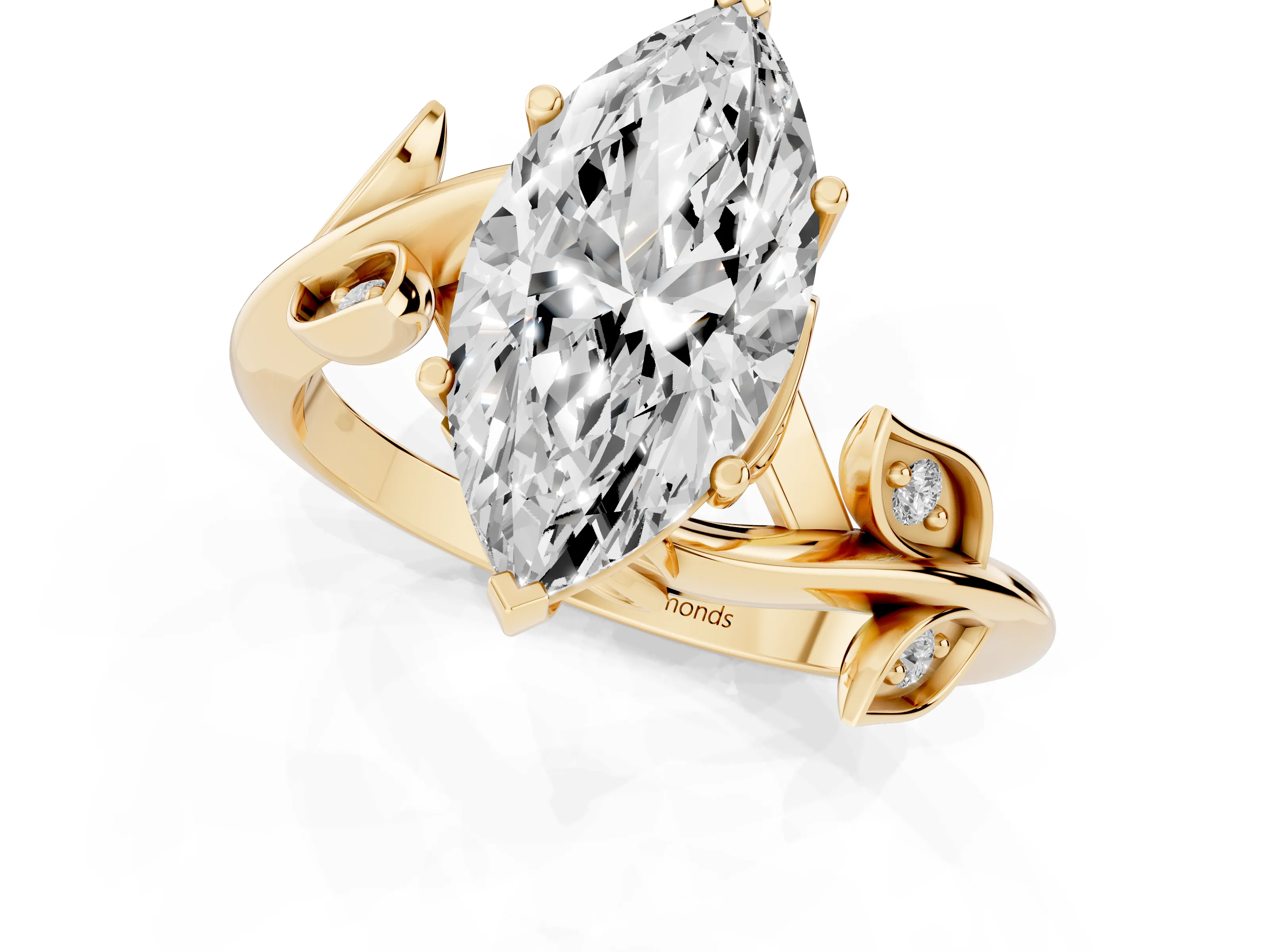 Marquise Cut Diamond Solitaire Twist Engagement Ring Set in Yellow gold with Pavé Leaf Accents