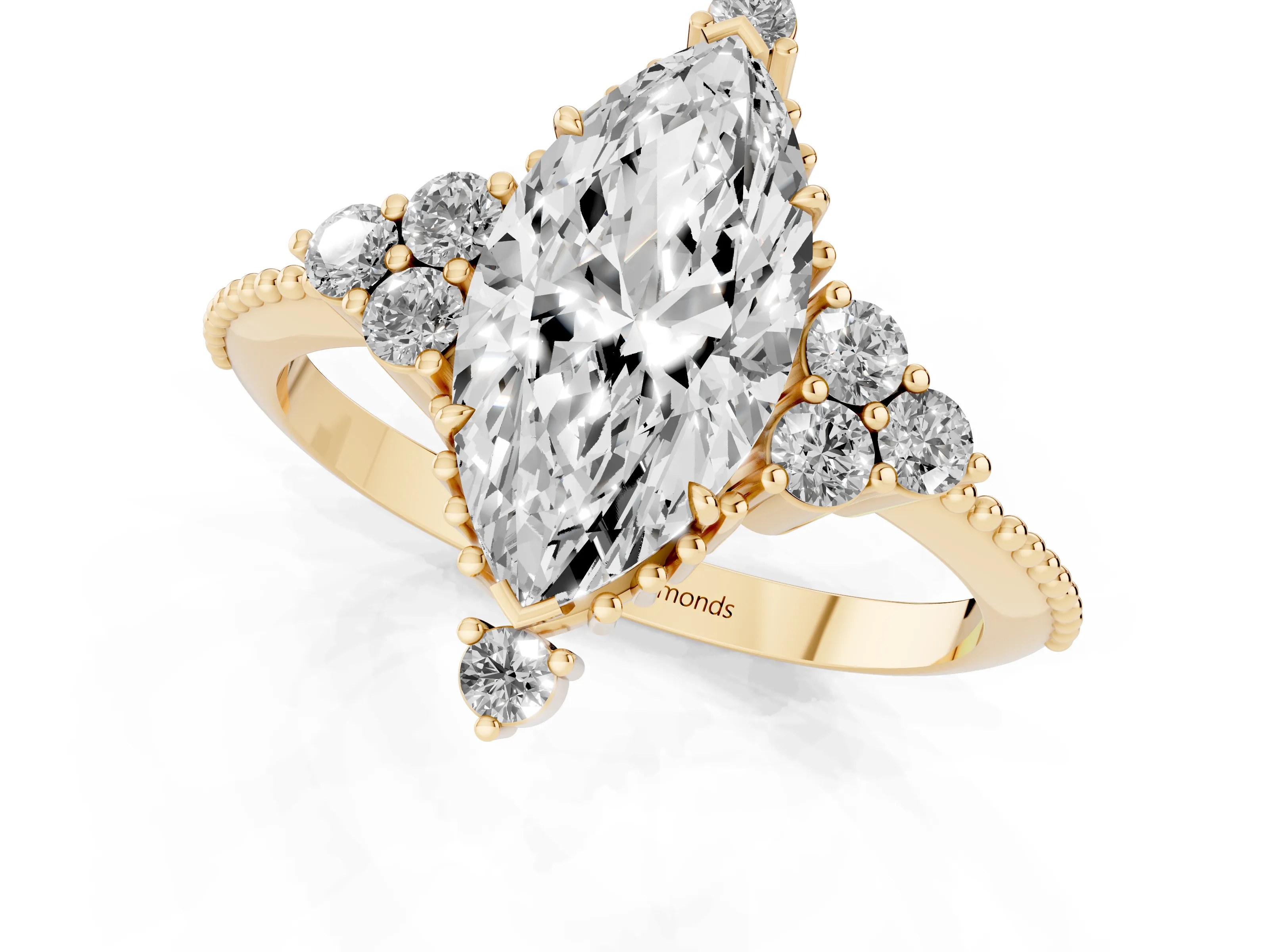Marquise Cut Diamond Cluster Ring Set in Yellow gold with Beaded Band