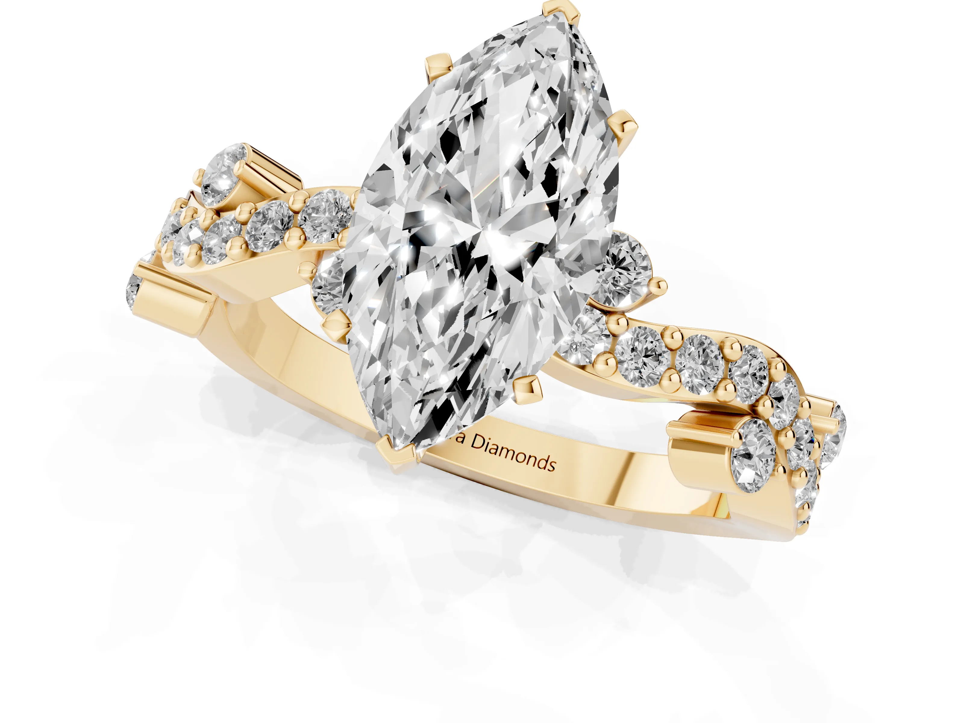 Marquise Cut Diamond Solitaire Twisted Band Set in Yellow gold with Pavé Setting