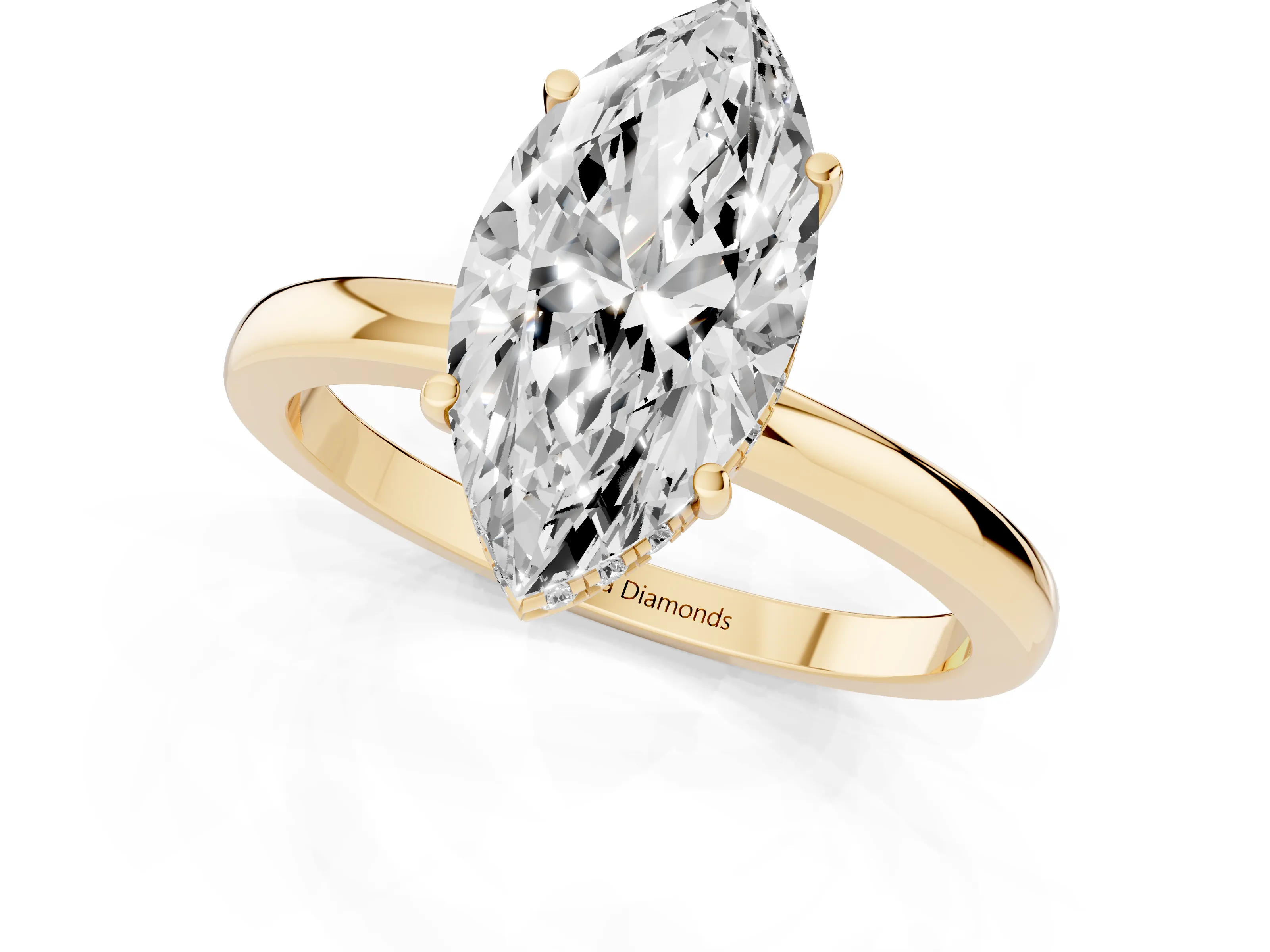Marquise Cut Diamond Solitaire Ring Set in Yellow gold with Plain Band and Prong Setting – second view