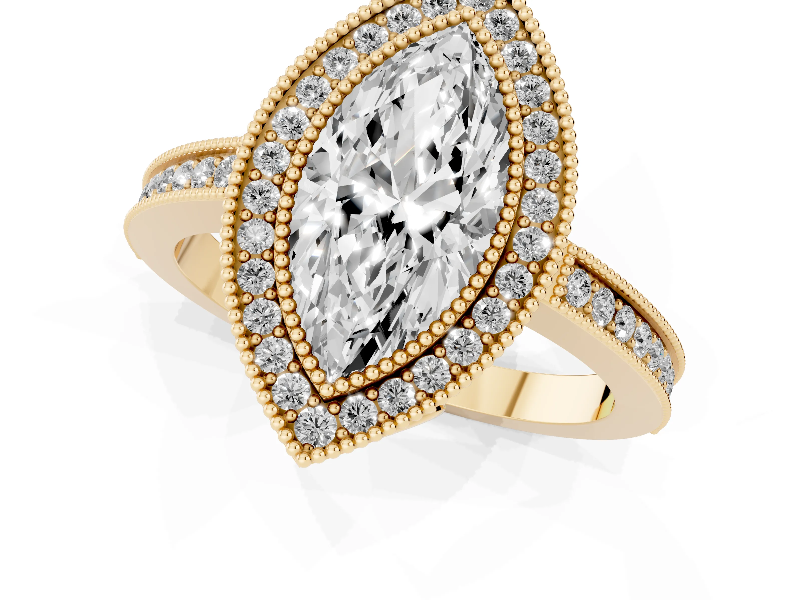 Marquise Cut Diamond Halo Ring Set in Yellow gold with Pavé Band and Milgrain-Edged Prongs