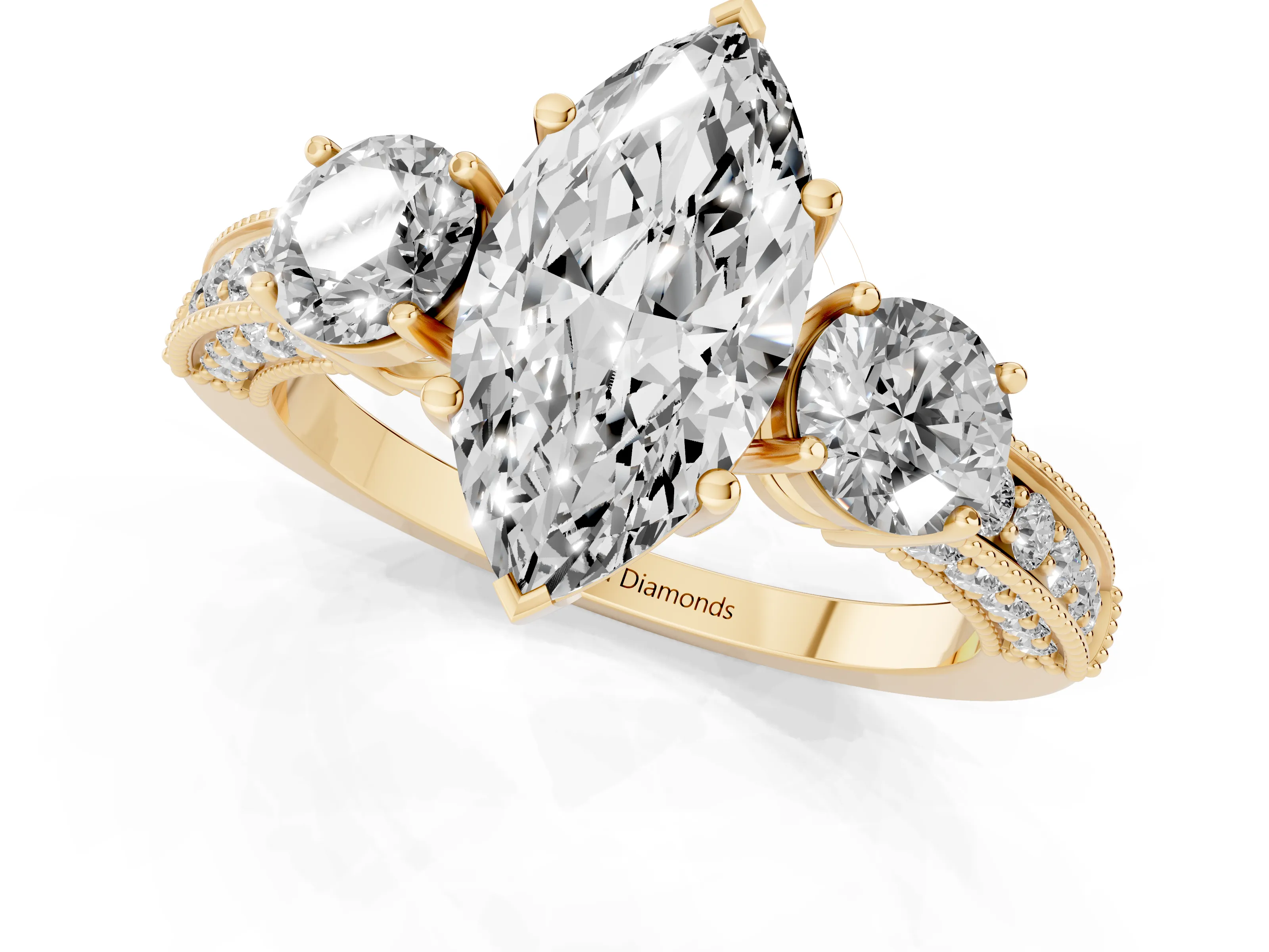 Marquise Cut Diamond Three-Stone Ring Set in Yellow gold with Round Side Stones and Pavé Band