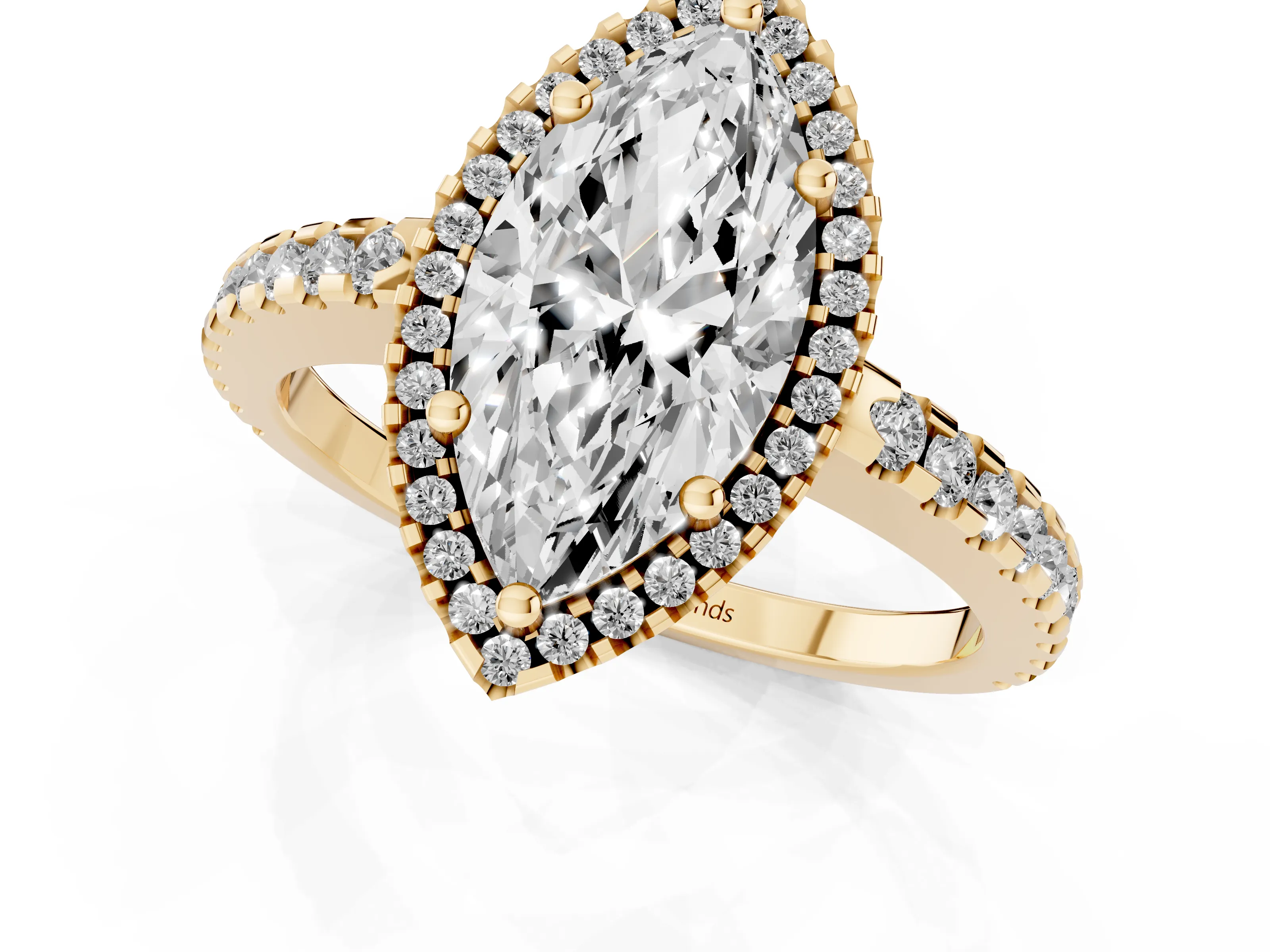 Marquise Cut Diamond Halo Ring Set in Yellow gold with Pavé Shoulders and Halo-Framed Center