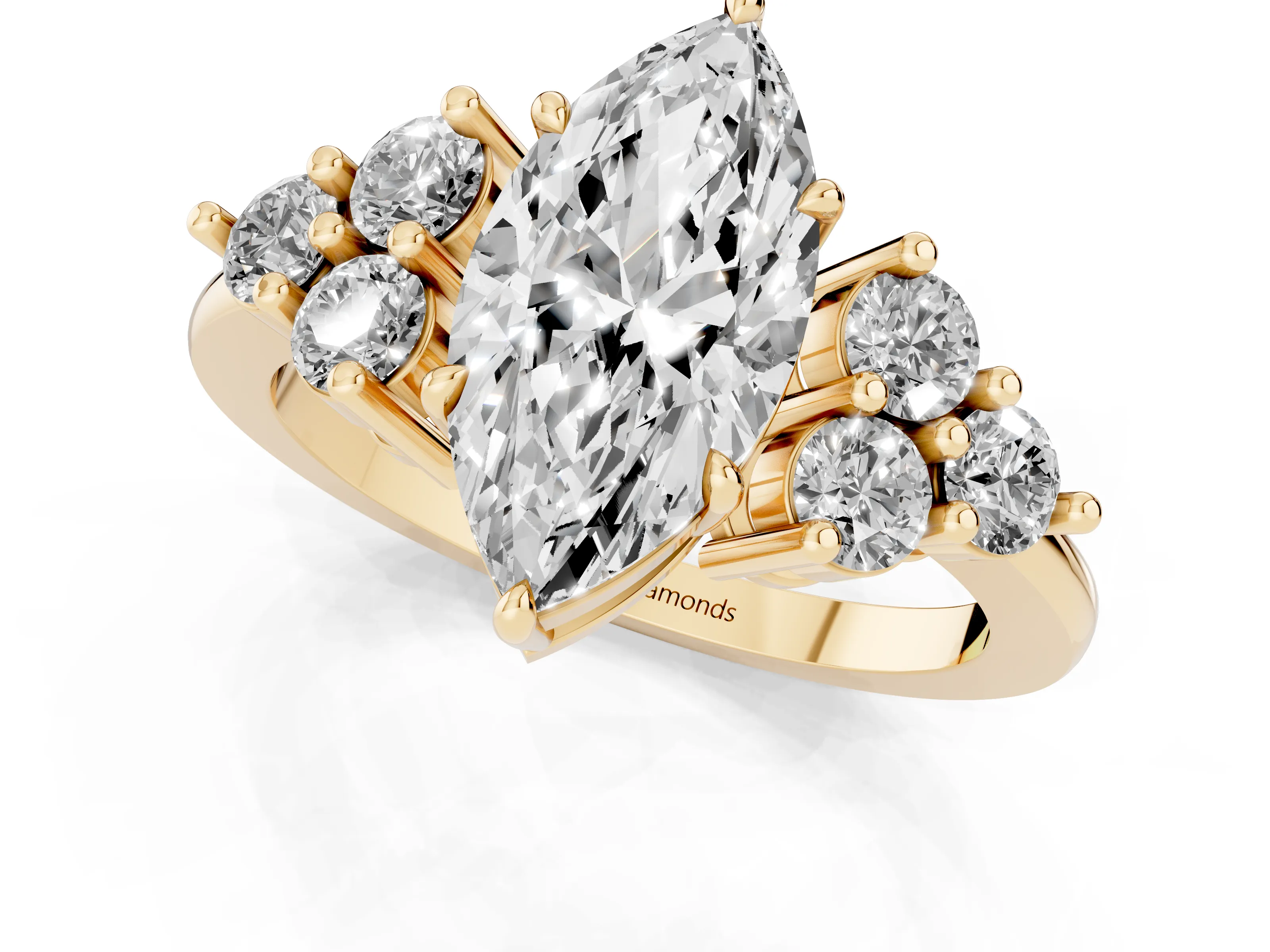 Marquise Cut Diamond Solitaire Ring Set in Yellow gold with Cluster Accents on Each Side