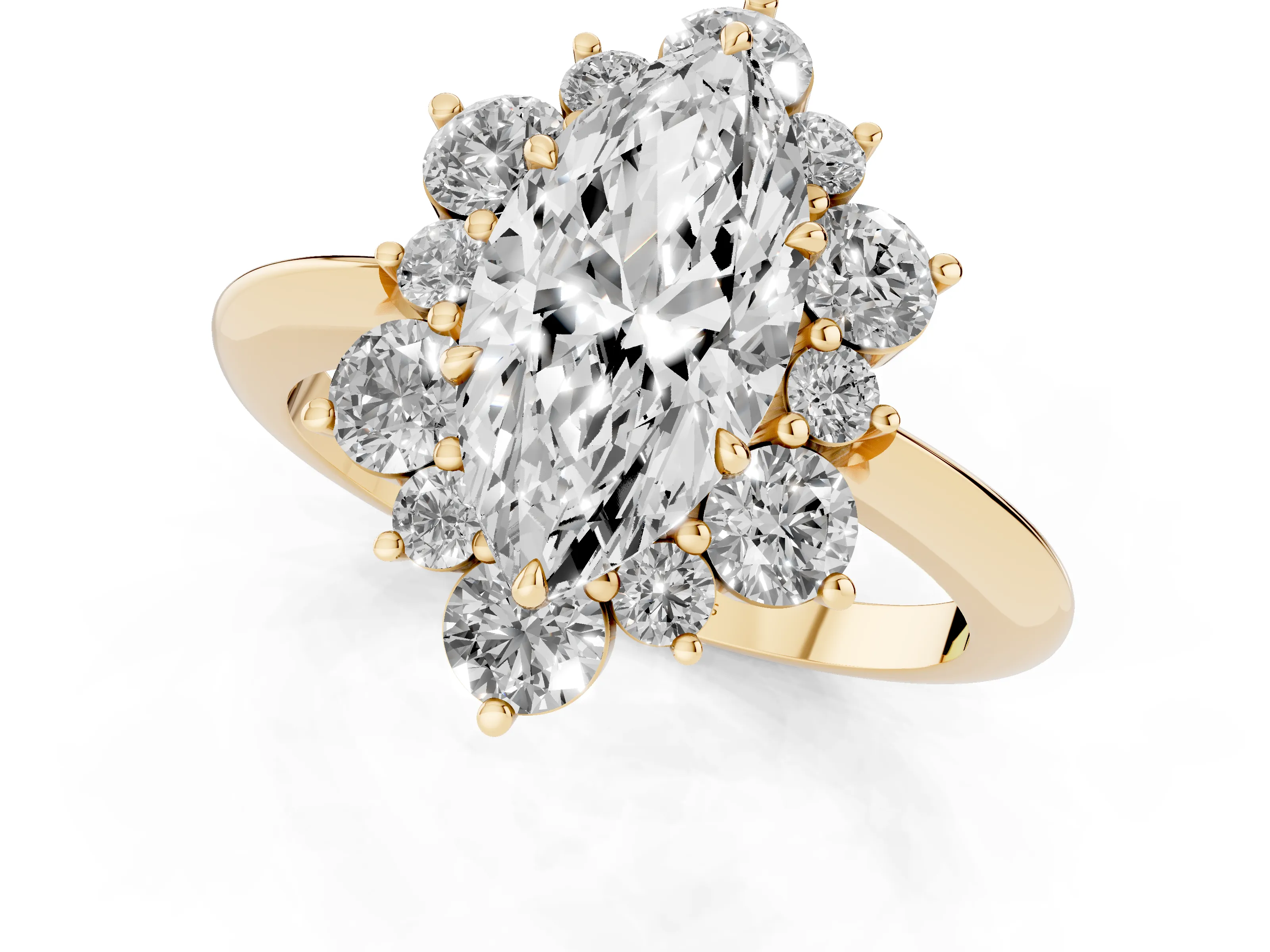Marquise Cut Diamond Cluster Halo Ring Set in Yellow gold with Solitaire Band and Prong Setting
