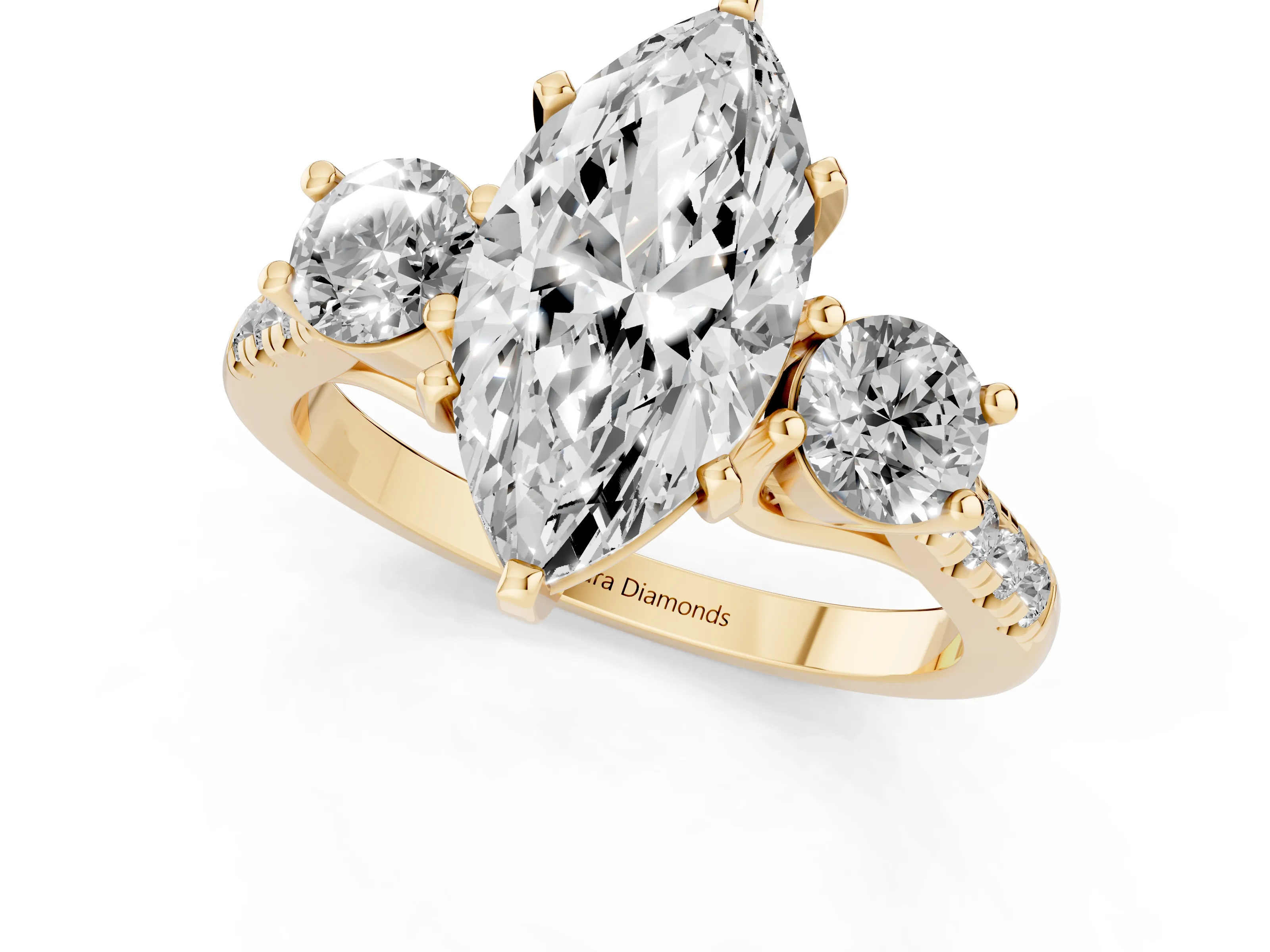 Three-Stone Marquise Cut Diamond Pavé Band Ring Set in Yellow gold with Prong-Set Trio