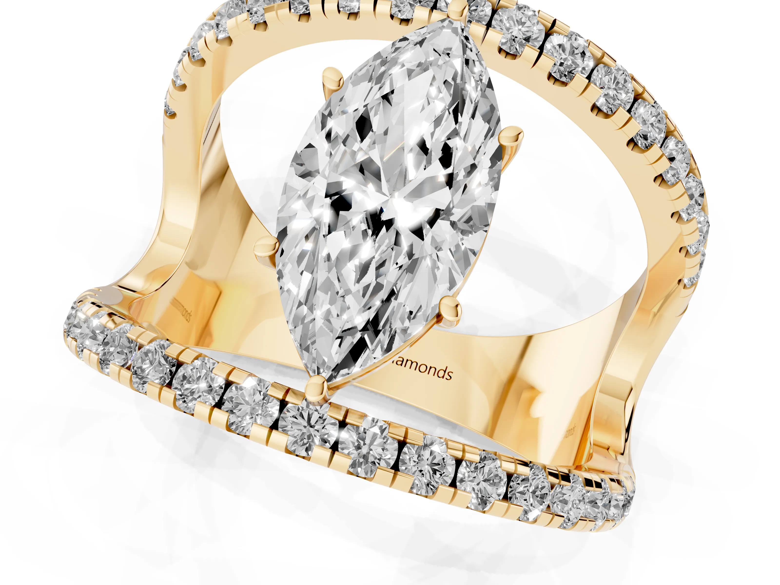 Marquise Cut Diamond Split Shank Pavé Solitaire Ring Set in Yellow gold with Open Shank Design