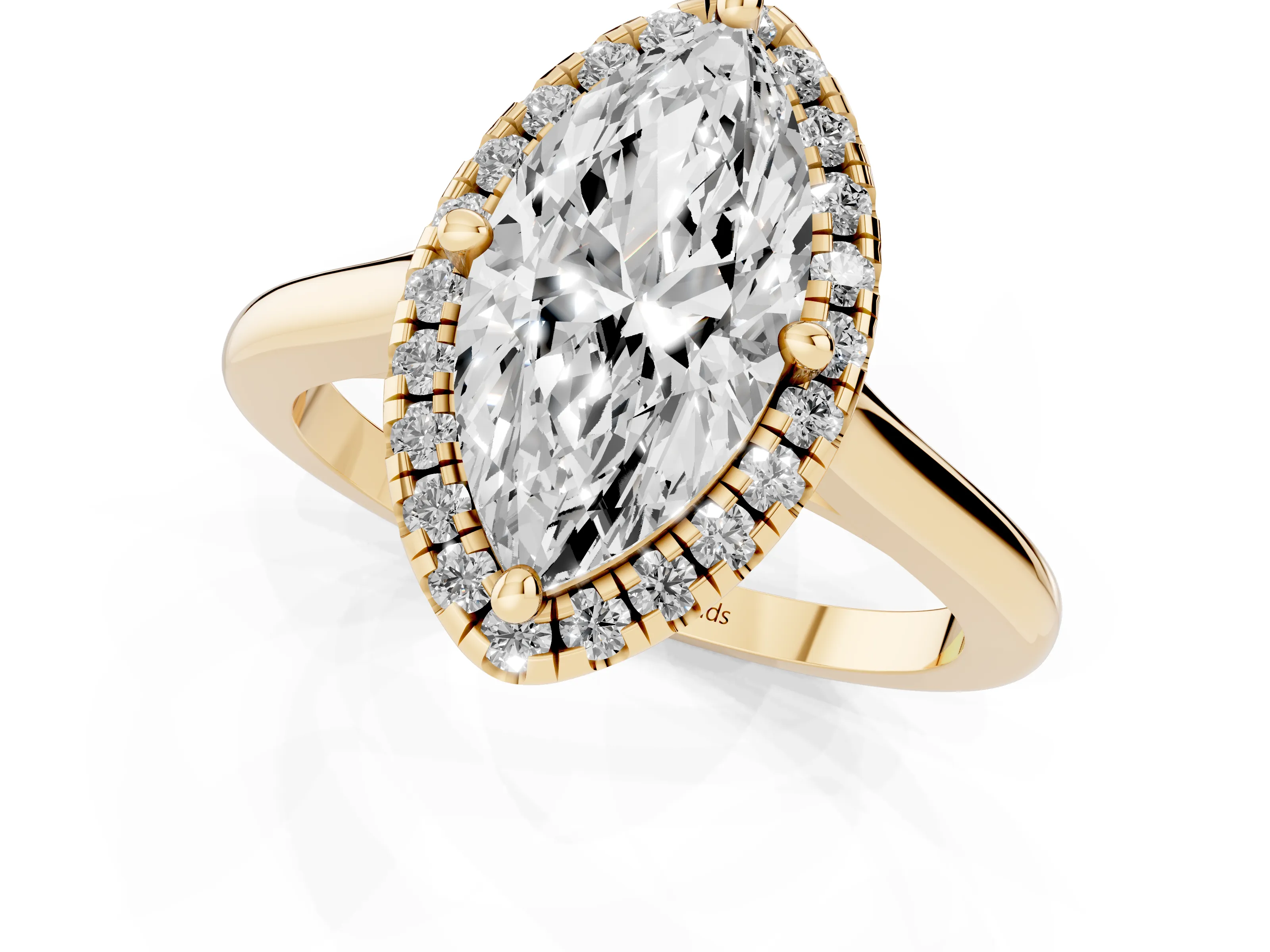 Marquise Cut Diamond Halo Engagement Ring Set in Yellow gold with Pavé Band and Rising Shoulders