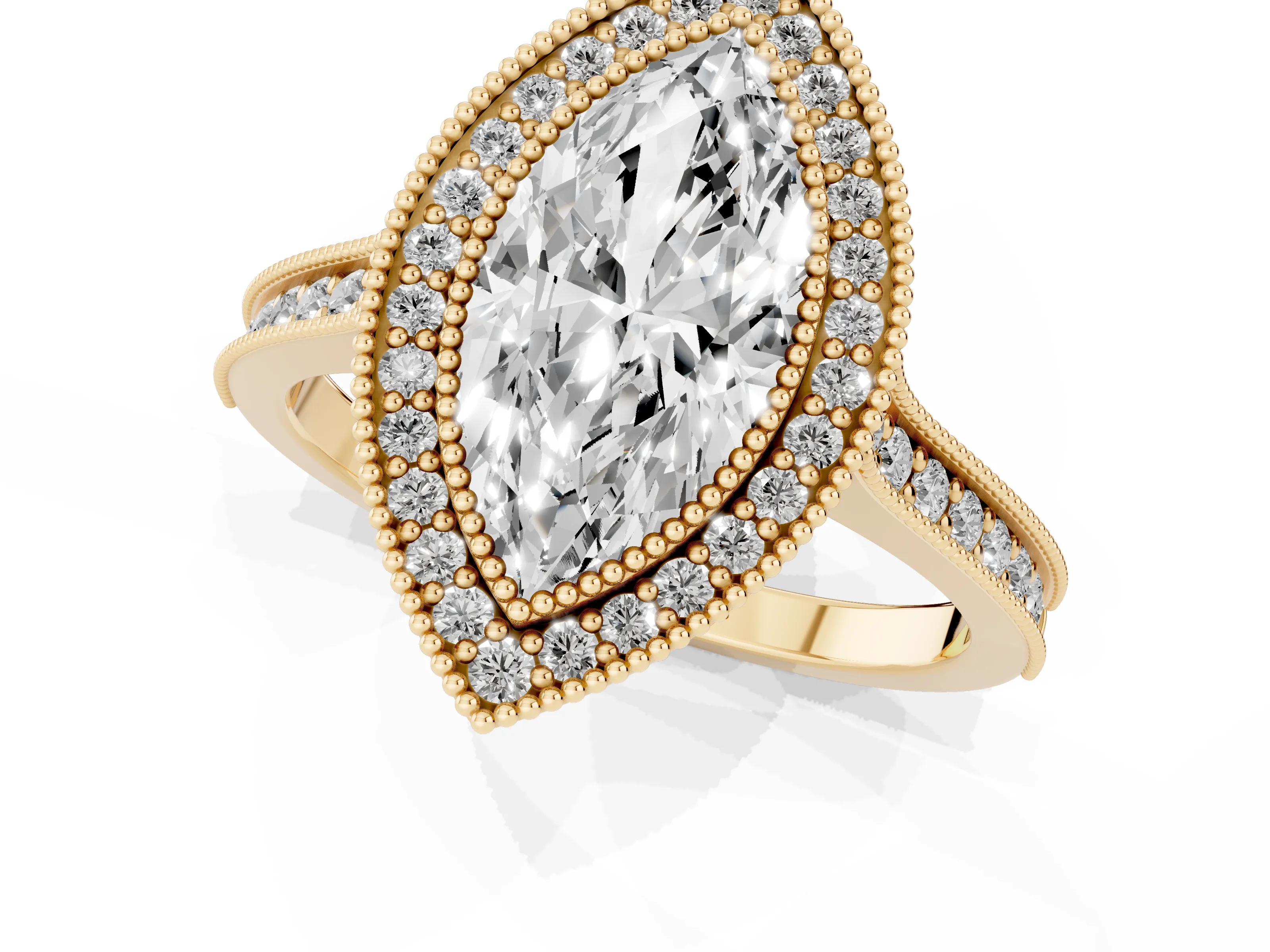 Marquise Cut Diamond Halo Milgrain Pavé Band Ring Set in Yellow gold with Prong Setting