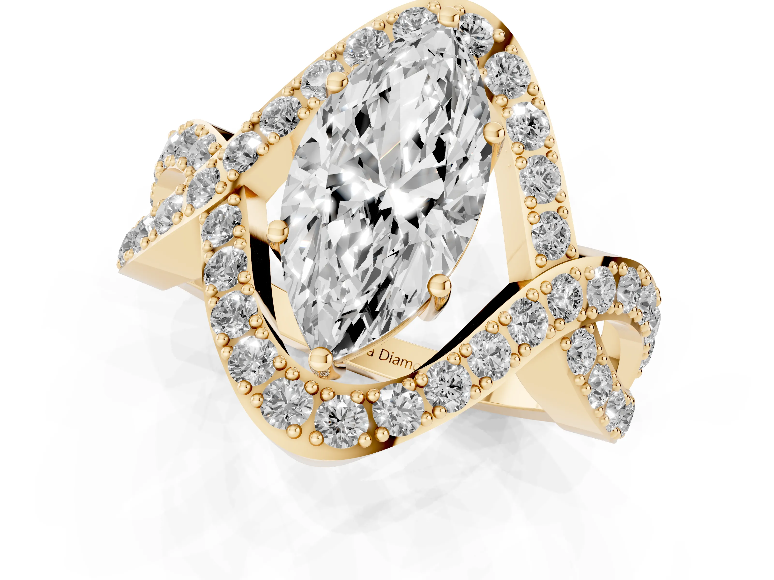 Marquise Cut Diamond Solitaire Twist Band Pavé Engagement Ring Set in Yellow gold