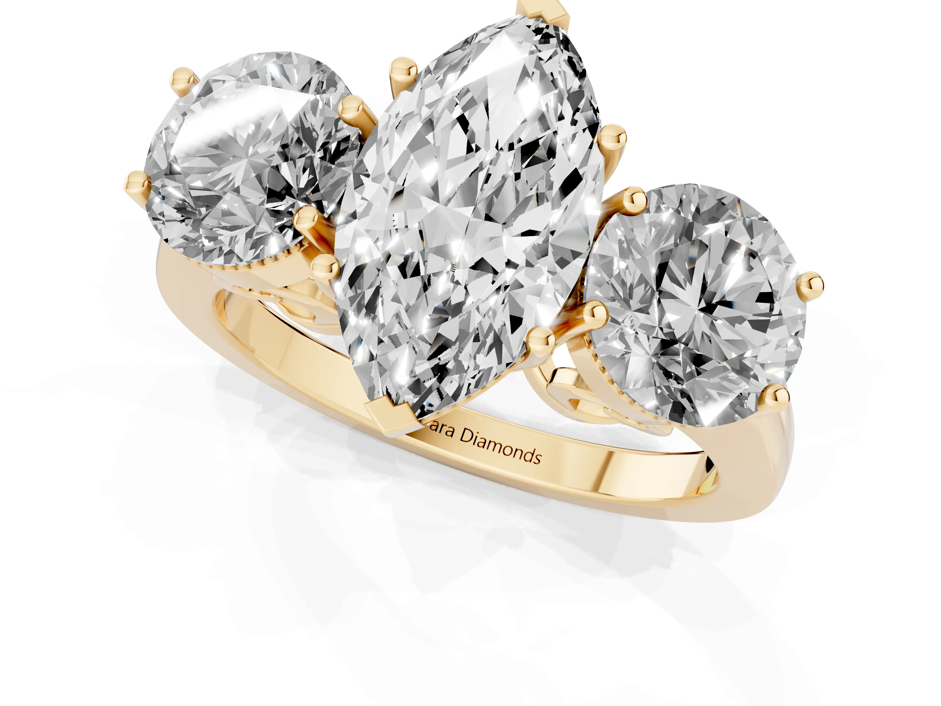 Marquise Cut Diamond Three-Stone Engagement Ring Set in Yellow gold with Polished Band